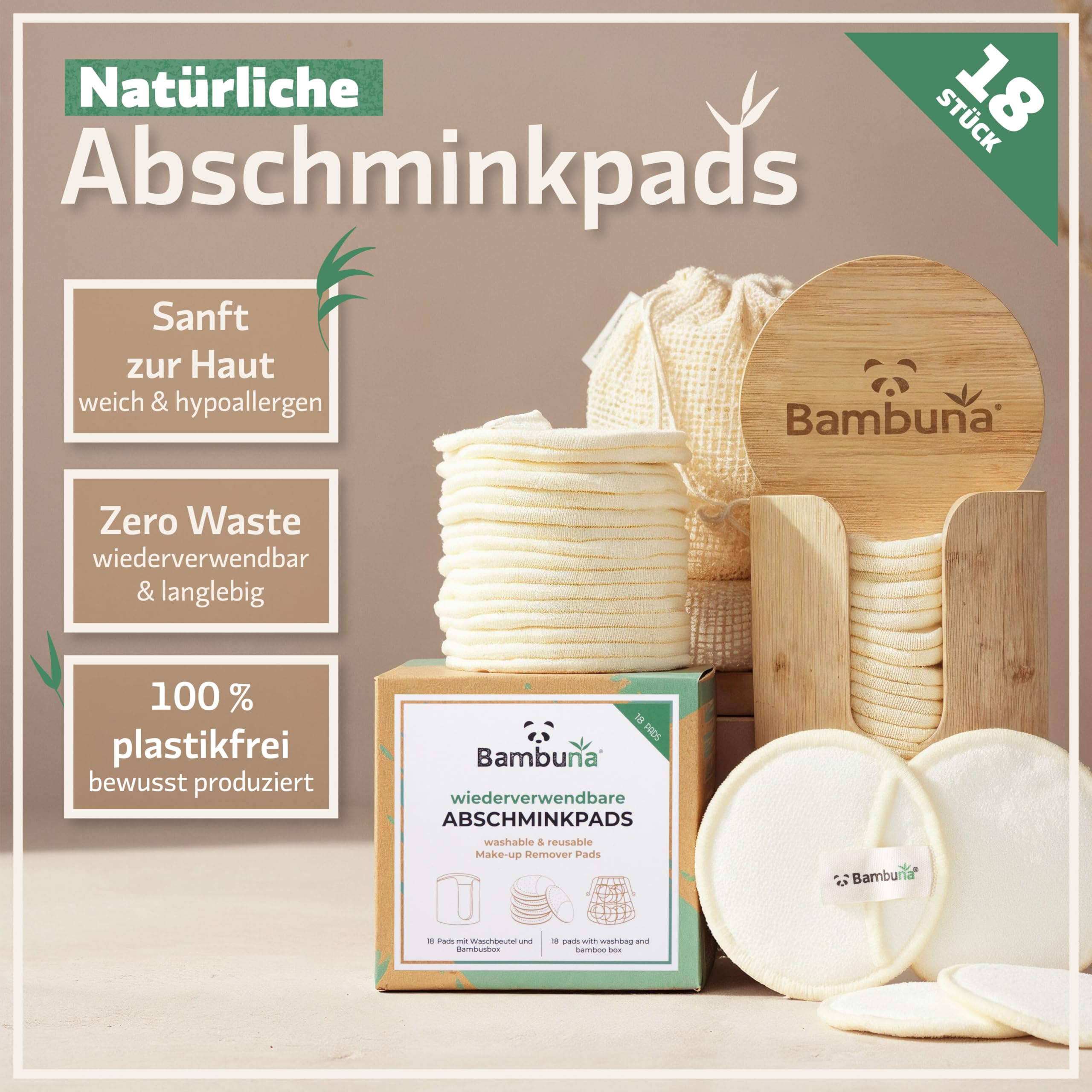 BAMBUNA wiederverwendbare Abschminkpads | 18 Stück Baumwollpads|waschbare Make-up-Pads mit Aufbewahrungsbox und Waschbeutel | Zero Waste Kosmetikpads für Gesicht und Augen | vegan und plastikfrei