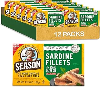 Season Sardines in Olive Oil - Skinless & Boneless, No Salt Added, Wild Caught, 22g of Protein, Keto Snacks, More Omega 3's Than Tuna, Kosher, High in Calcium, Canned Sardines - 4.37 Oz Tins, 12-Pack