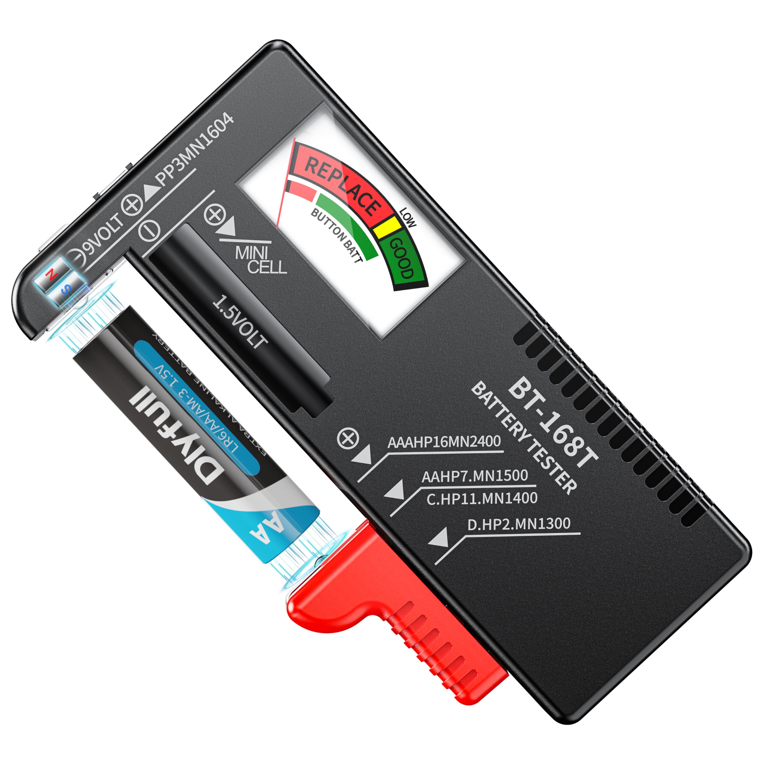 Dlyfull Batterietester – Batterie Tester für AA, AAA, C, D, 9V & 1.5V Knopfzellen – Akku Tester & Batterieprüfgerät ohne Strom – Präzises Batterie Messgerät für Haushalt & Profi (BT-168 Pro)