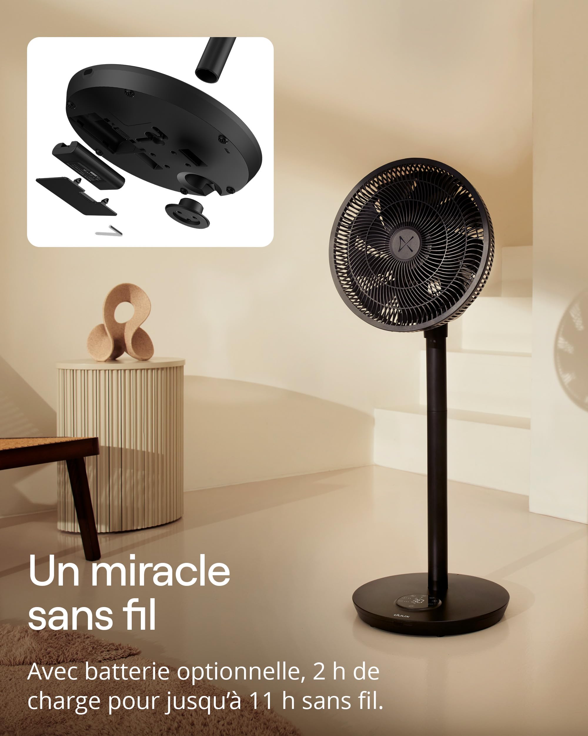 Duux Whisper Flex 2 ventilateur – ultra-silencieux 13dB – mode nuit & minuterie – hauteur réglable (54 à 92 cm) – économe en énergie dès 2W – commande via ventilateur & télécommande – Noir