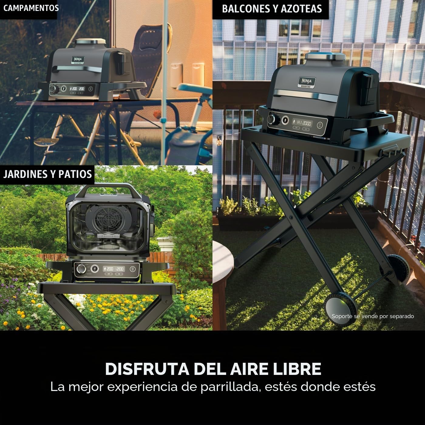 Ninja OG701UK Woodfire Electric BBQ Grill & Smoker, 7-en-1 Parrilla al aire libre y freidora de aire, asado, hornear, deshidratados, uso Woodfire Pellets, Resistente a la intemperie, Antiadherente,