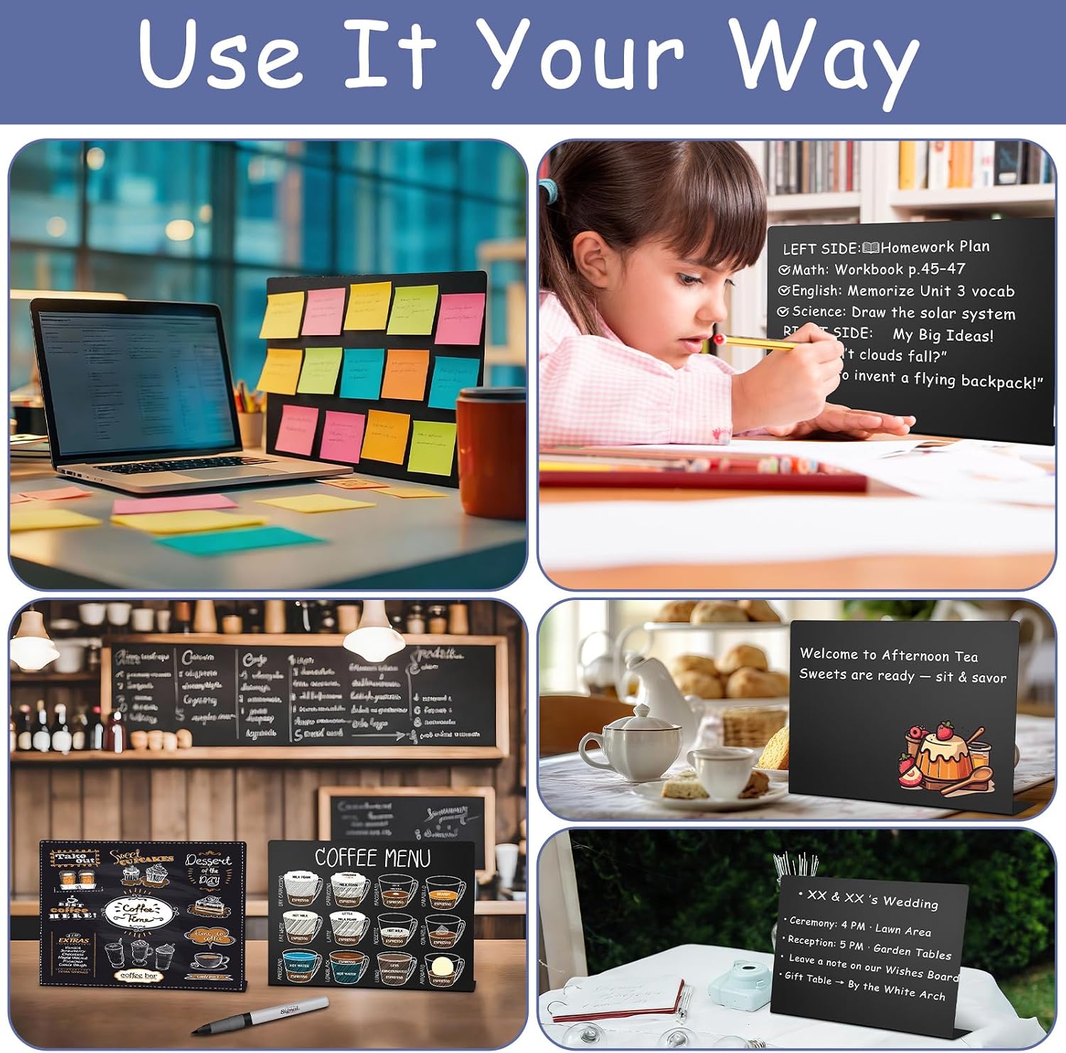 Geyoga 4 Pack Magnetic Bulletin Board with Stand, 16 x 12 Inch Black Magnet Display Board for Memo, Menu, Notes, Photos, for Kitchen Countertop, Office Desk, School