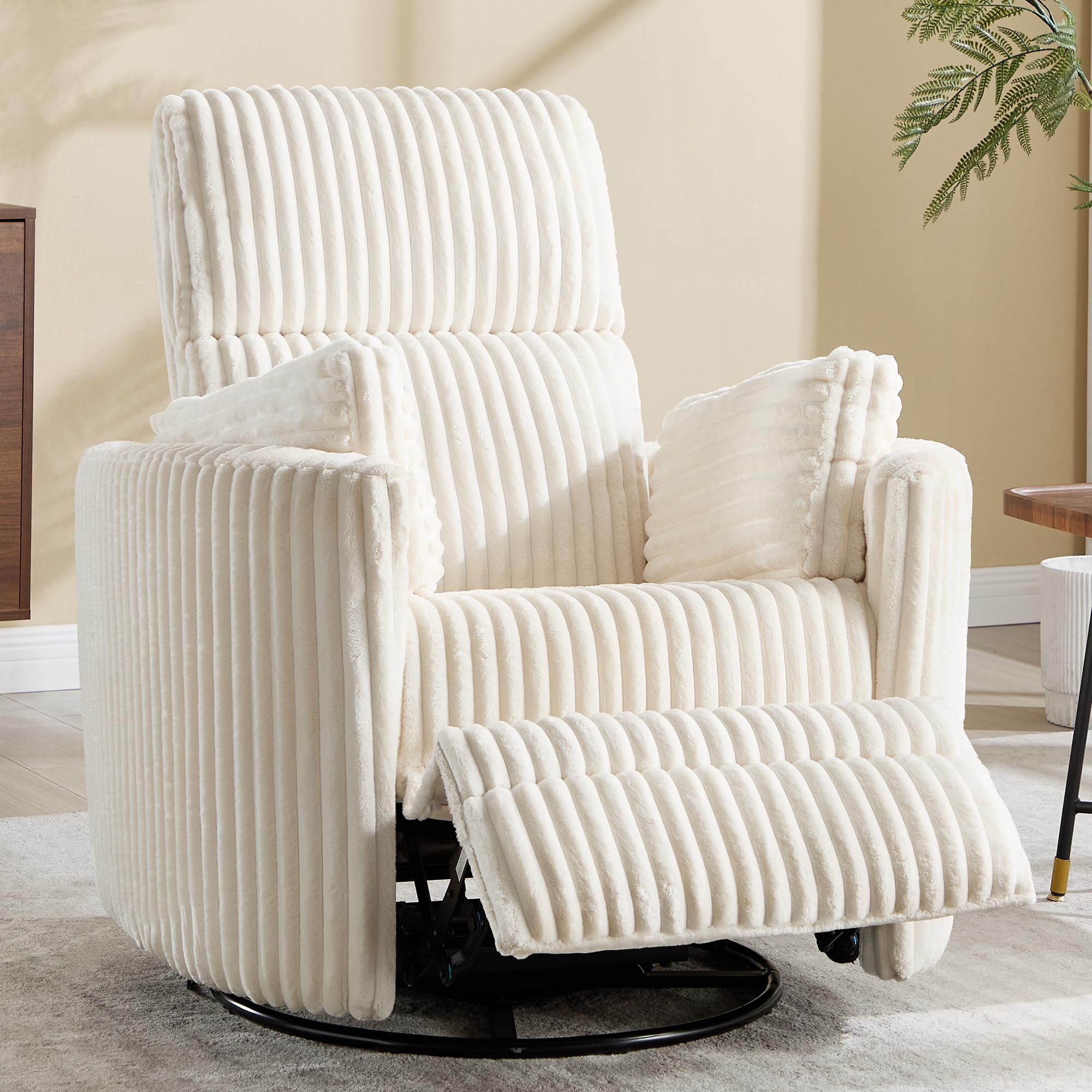Recliner 360°Swivel Glider Rocking Chair,Upholstered Nursery Adult Rocking Chair with 2 Pillows for Living Room Bedroom(Beige Corduroy, Manual
