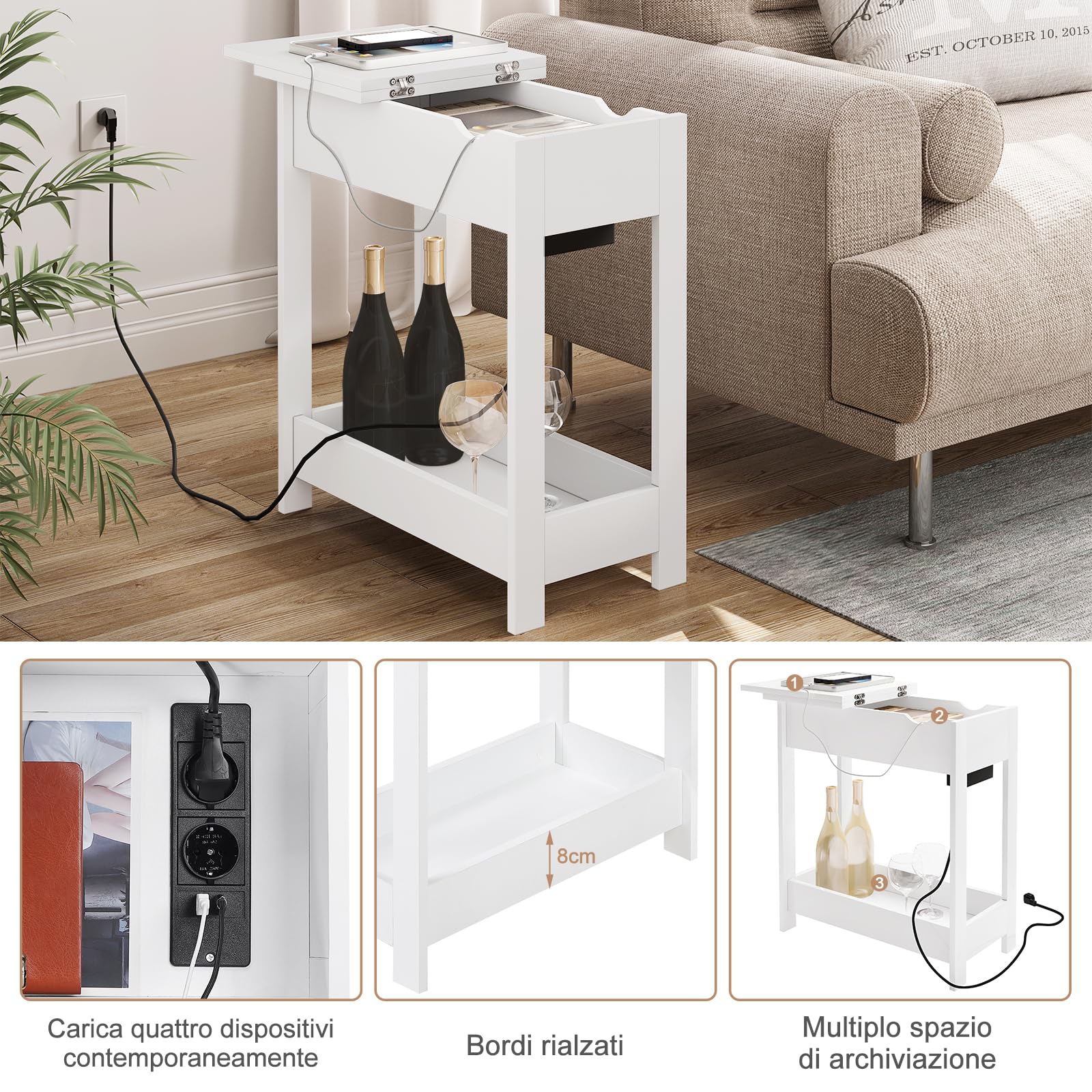 EUGAD Tavolino da Salotto con Stazione di Ricarica, Tavolino a 3 Ripiani, Piano Pieghevole, 2 Porte USB e 2 Prese a 2 Fori, per Camera da Letto, Soggiorno, Cucina, MDF, Bianco