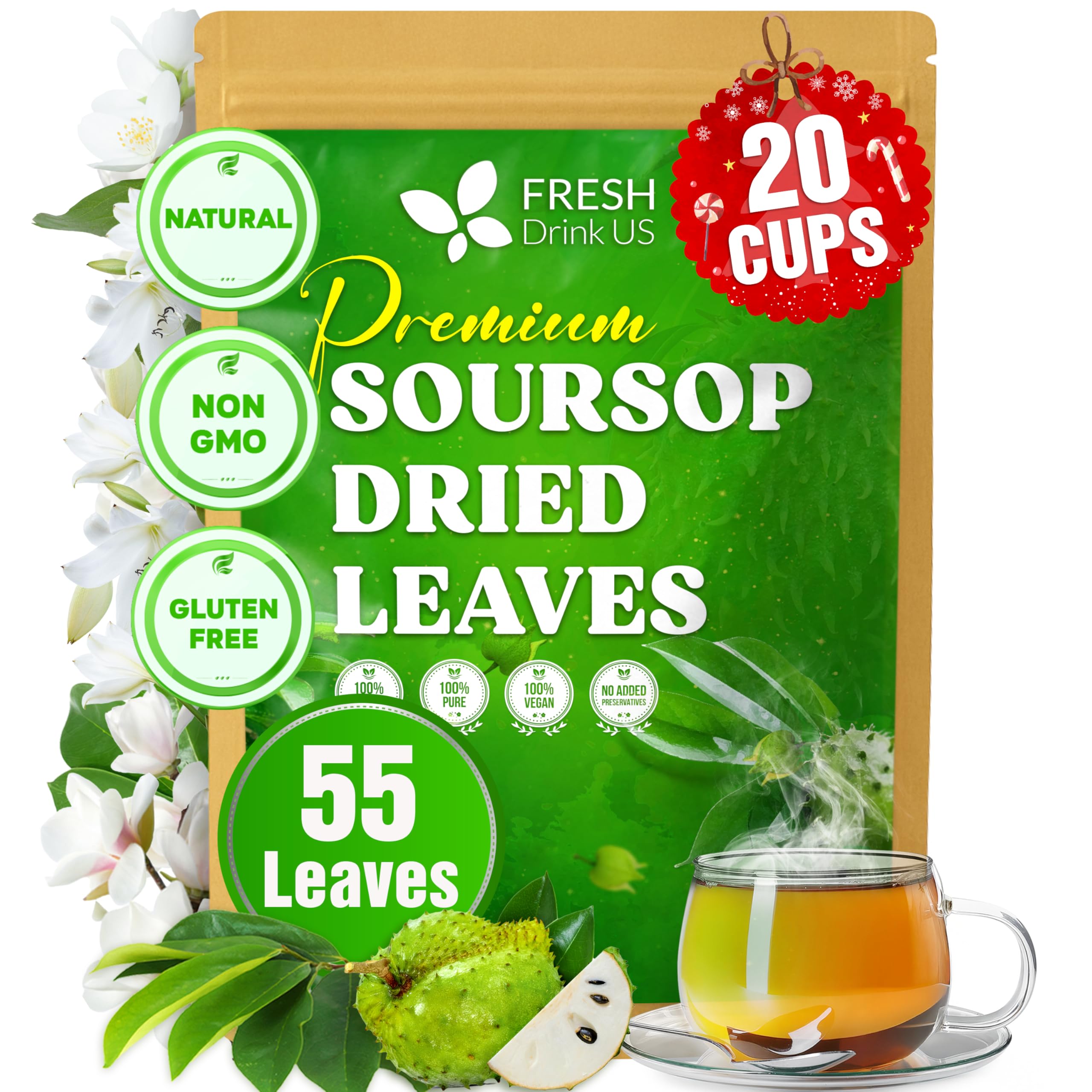 FreshDrinkUS, 55+ Premium Soursop Graviola Dried Leaves, 55-60 Natural Whole Leaves, Wildcrafted, Graviola, Hoja Guanabana, Soursop Loose Leaf Herbal Tea, No Gluten, Vegan