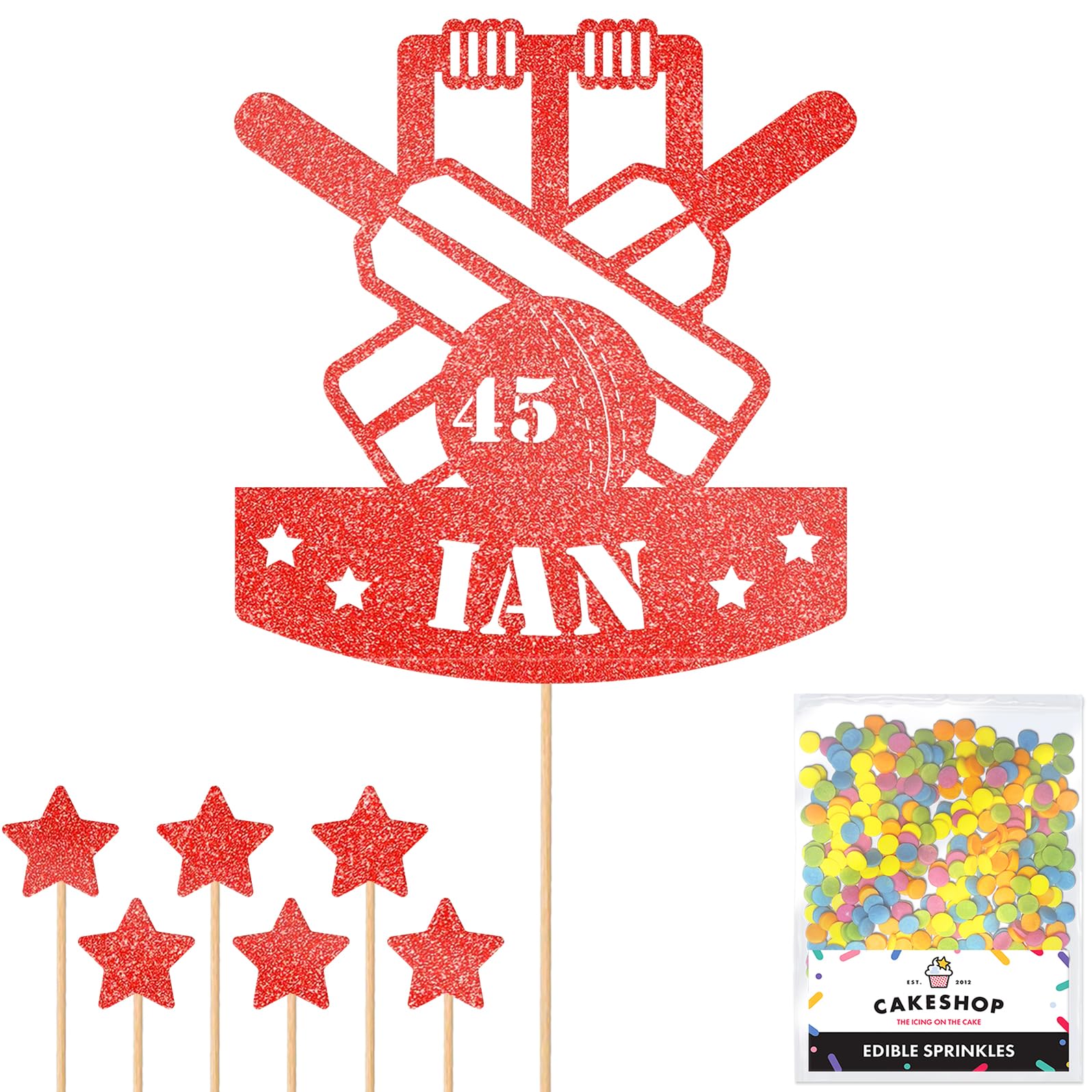 Personalised Cricket Wicket Bat and Ball Glitter Cake Topper - Red Custom Age & Name Glitter Cake Decoration and Sprinkles - Happy Birthday Decorations - Personalised Toppers for Cakes by Cakeshop — image 1