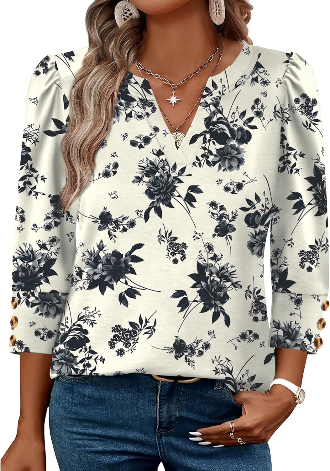 WIHOLL 3/4 Length Sleeve Womens Tops with Button Cuffs Dressy Casual V Neck Summer Outfits Early Fall Fashion Spring Clothes thumbnail