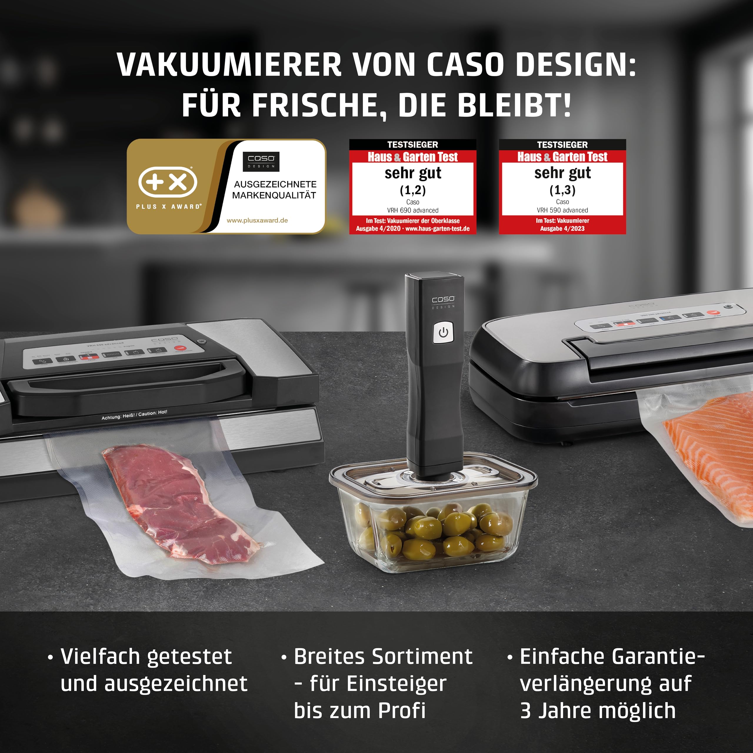 CASO VC15 Vakuumierer – Vakuumgerät, Testurteil Sehr Gut, 8x länger frisch, Schweißfunktion, inkl. 10 Folienbeutel