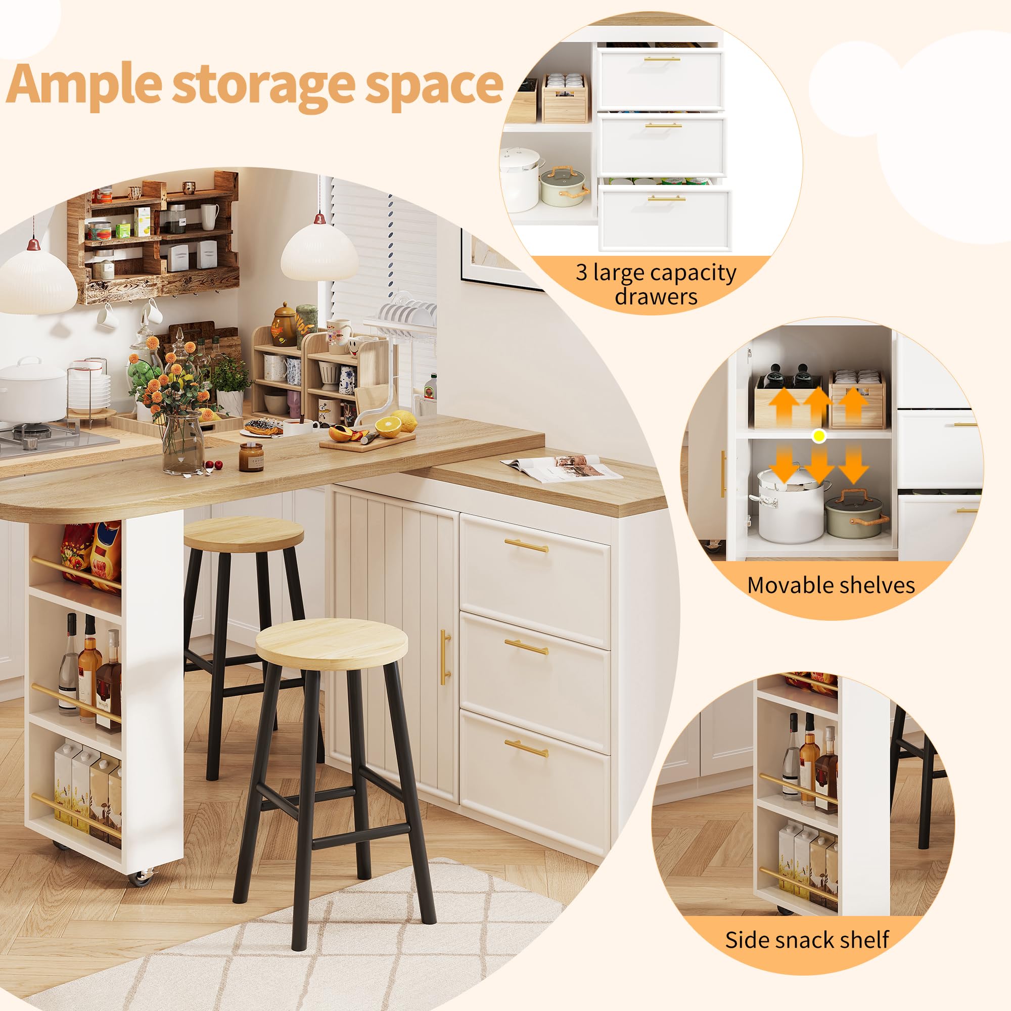 Mesa de Bar Extensible Gira 360° con 2 Ruedas y 3 Cajones, Barra Cocina Isla Cocina con 1 Puerta y Estante Ajustable, Compartimento Lateral y Dispositivo Antivuelco, 128-203x39x90 cm, Blanco