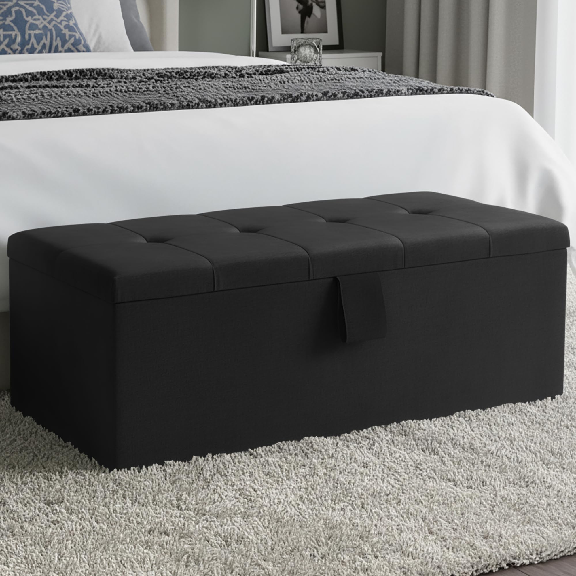 Harveys Living Ottoman Storage Box - Large Cube Style Engineered Wood Luxurious Plush Velvet Ottoman Storage Bench - (Black Plush, No Legs)