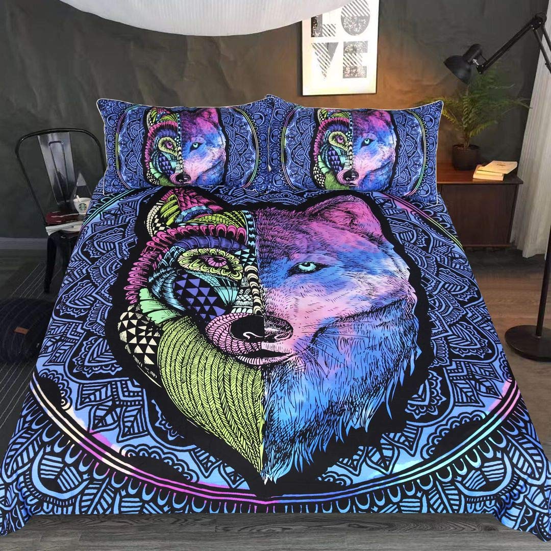 Teens Duvet Cover Wolf Bedding Set Twin Size Bohemia Exotic Theme Bedding Duvet Cover Animal Pattern Wolf Printed Duvet Cover Soft Microfiber Luxury Style Comforter Cover for Adult Teens Kids