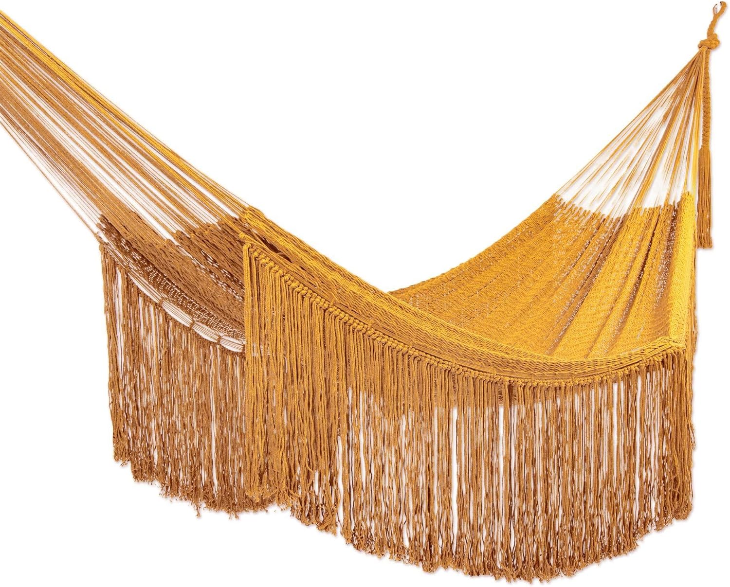 NOVICA Artisan Handmade Cotton Rope Hammock Amber Yellow Triple Mexico Solid Bohemian Tropical Decor [Bed Size 75in L x 91in W Total Length 138in L Fringe 15.75in L] ' Amber Cascade' Triple