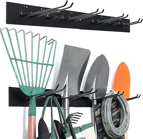 Iswabard Organizador de herramientas de garaje montaje en pared juego de 2 organización de garaje herramientas resistentes gancho de acero con 6
