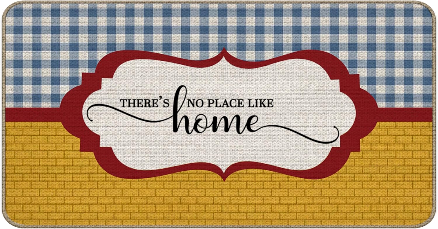 There’s No Place Like Home Door Mat, Rustic Farmhouse Entrance Rug for Indoor Outdoor Front Porch, Country Gingham Brick Decorative Doormat for Front Door Entryway, 17x30 Inch
