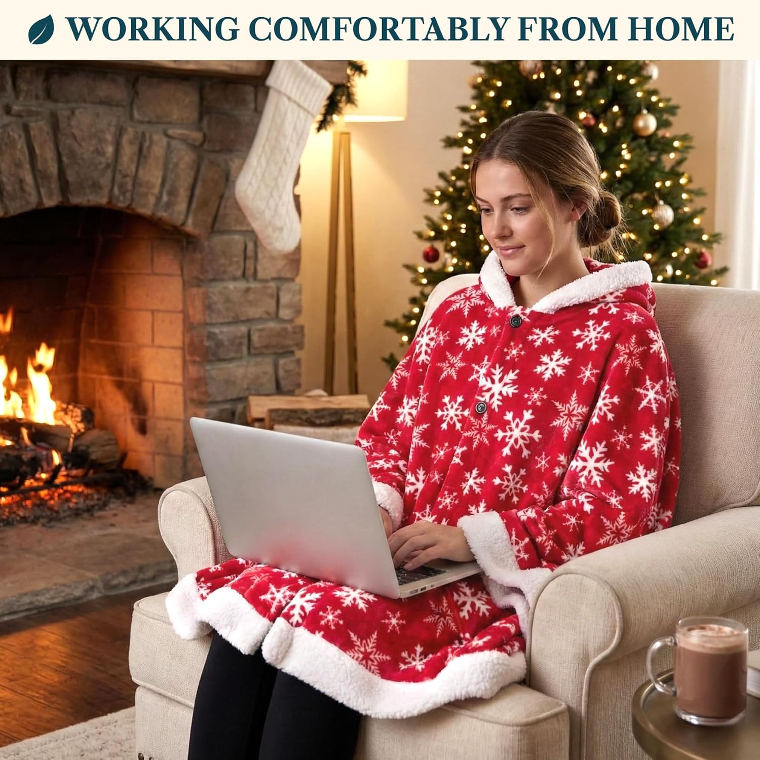 PAVILIA Wearable Blanket for Adult Women, Cozy Plush Fleece Blanket Poncho Cape with Hood, Super Soft Shawl, Angel Wrap Throw for Office, Snowflake Red - Image 6