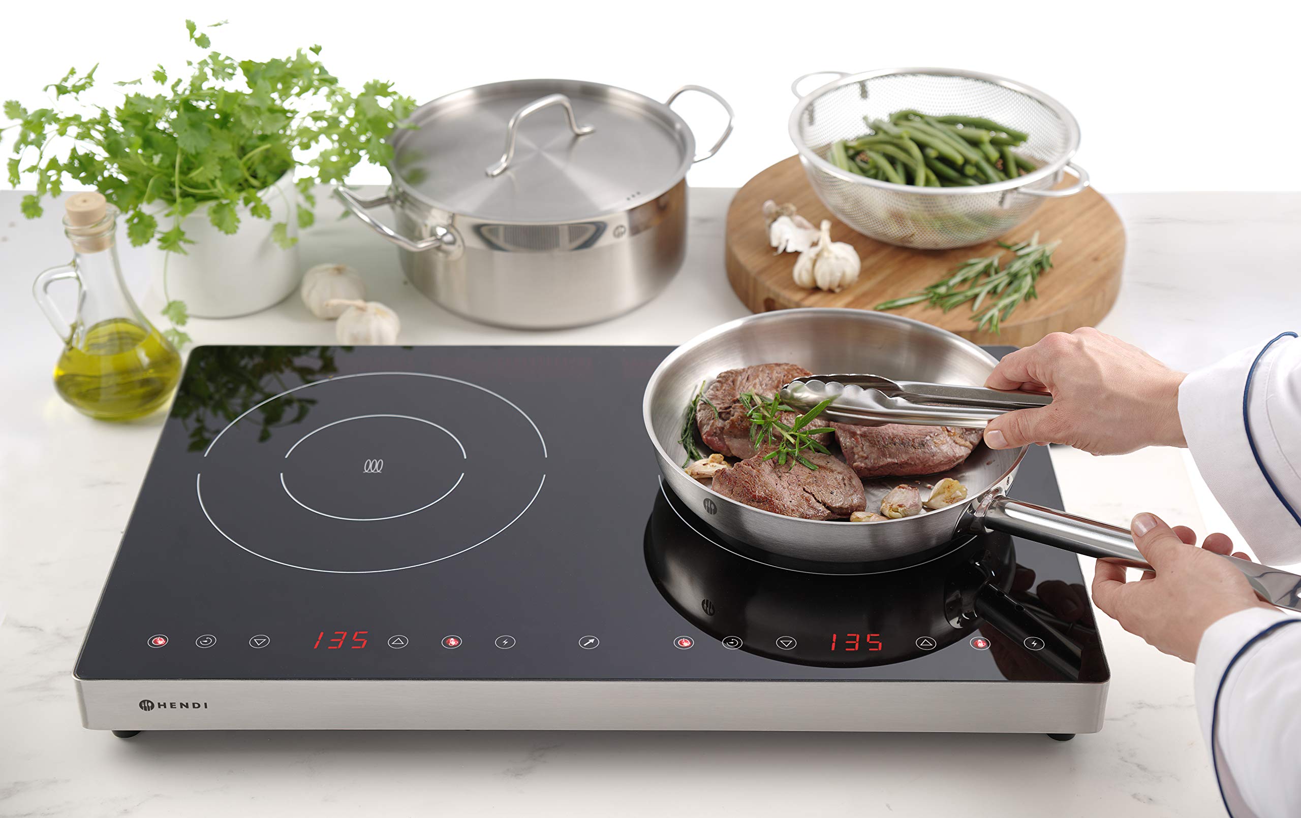 HENDI Piano cottura a induzione doppio, fornello induzione, portable, controlli touch sensitive, funzione timer e Boost, 35-240 °C, 230V, 3500W, 608x370x(H)61 mm, argentato, acciaio inossidabile