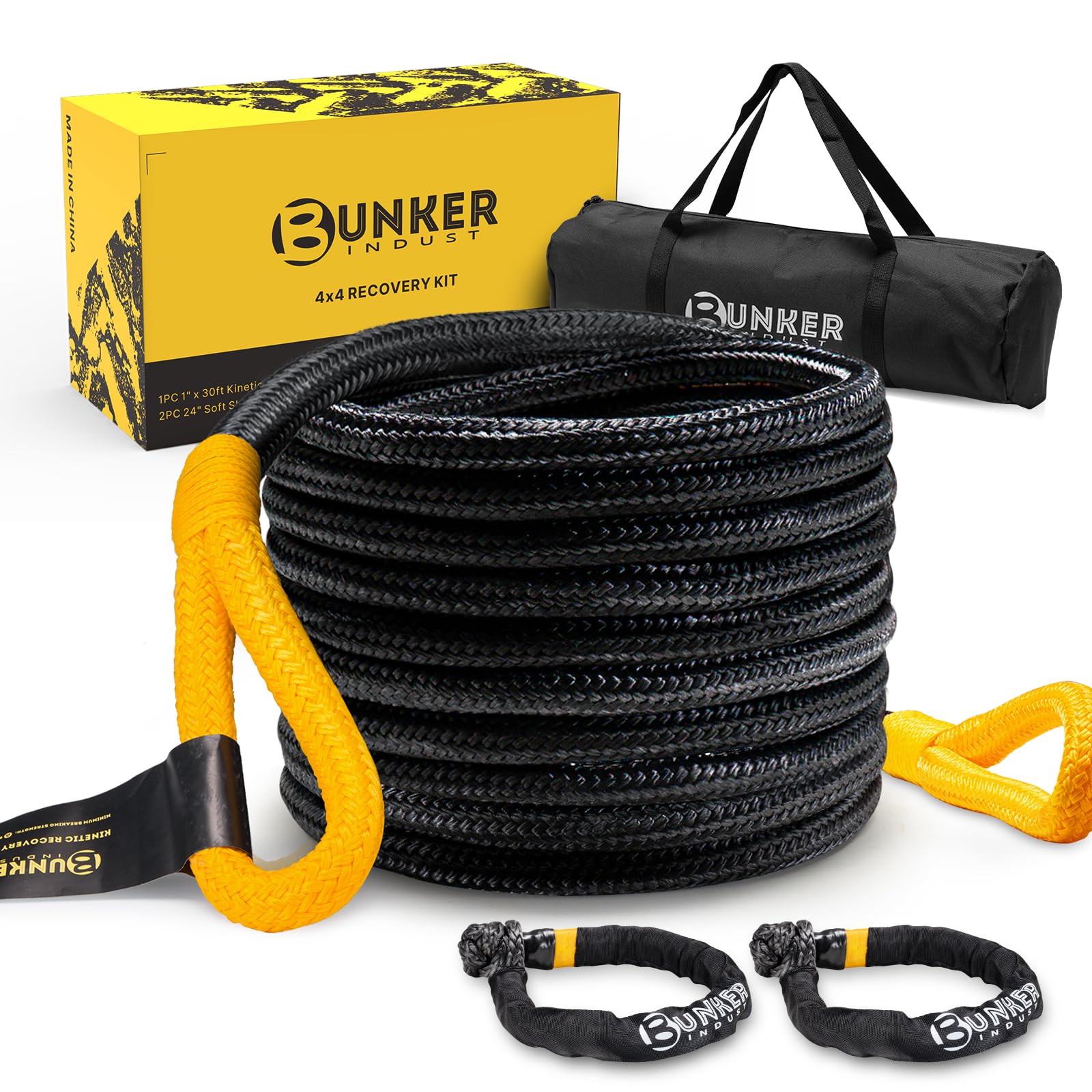 BUNKER INDUST 1"×30ft Kinetic Recovery Rope with 2 Soft Shackles Kit, Kinetic Recovery Tow Rope Strap Off Road Recovery Kit for UTV, ATV, Truck, Car, Jeep, Tractor