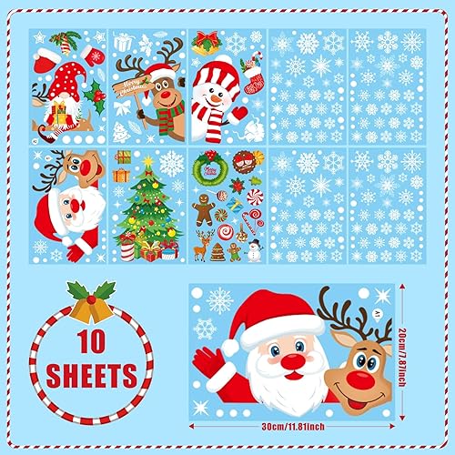 Miniatura 7 de Calcomanías navideñas para ventana, 267 unidades, reutilizables, de doble cara, impresas, autoadhesivas, decoración de ventana, Papá Noel, alce,