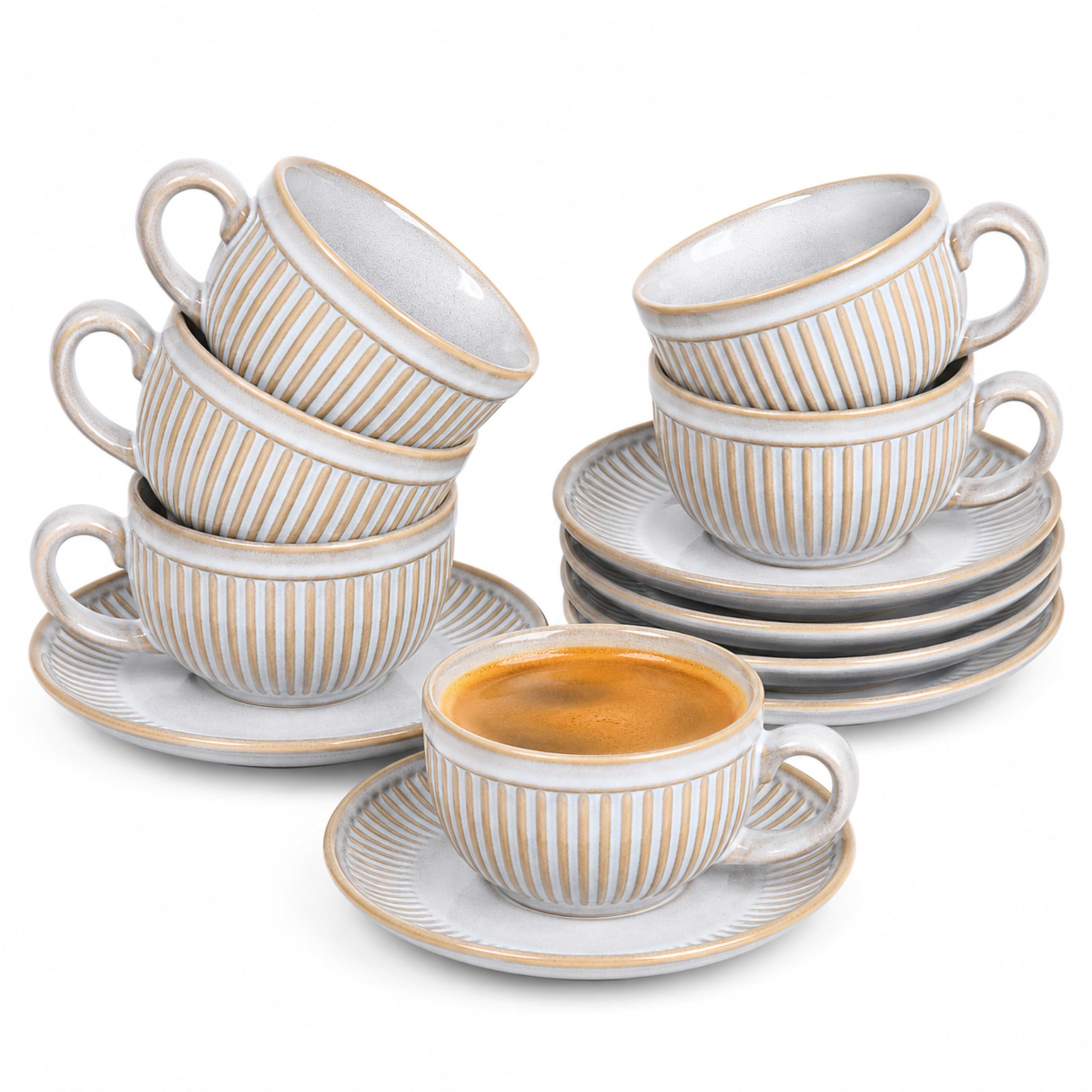 Zestaw 6 filiżanek do espresso ze spodkami 90ml - Zestaw filiżanek do espresso z kamionki - Grubościenne filiżanki do kawy z uchwytem - Ręcznie wykonane filiżanki do kawy barista
