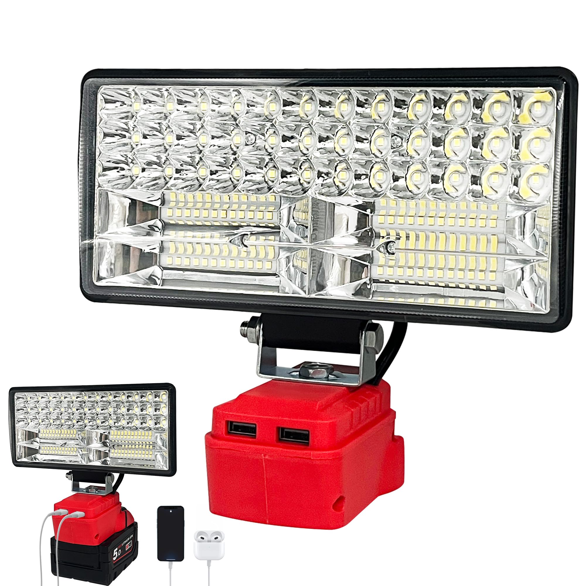 Cordless LED Work Light for Milwaukee 18V Battery, 90W 6800ML LED Wide Beam Floodlight with Two USB Charging Port, Job Site Light for Emergency, Workshop, Garage (No Battery)