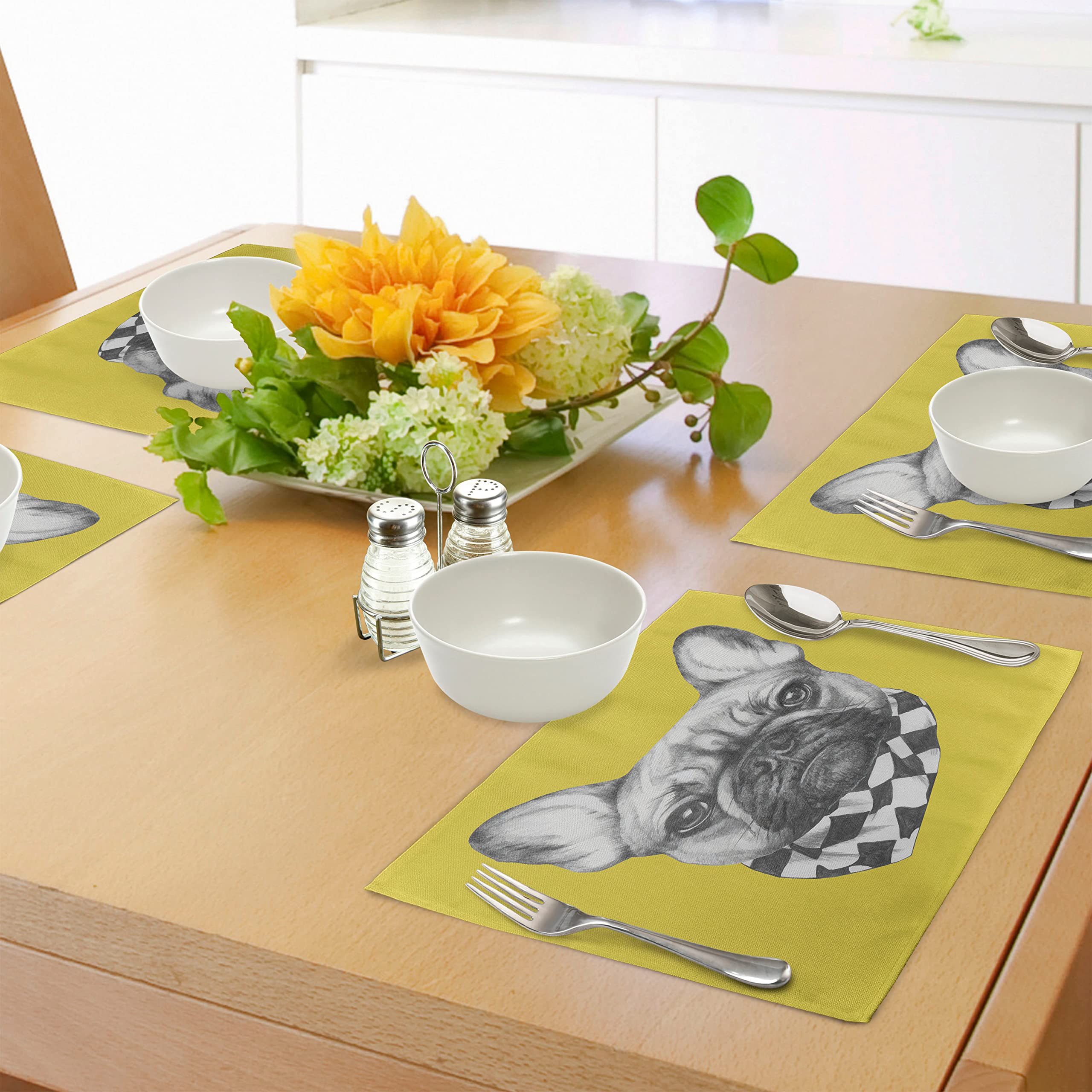 ABAKUHAUS Bulldog Tovaglia, Profilo Sketchy Pet Side, Rettangolare per Sala da Pranzo e Cucina, 140 cm x 170 cm, Marrone Chiaro Dimgray Bianco