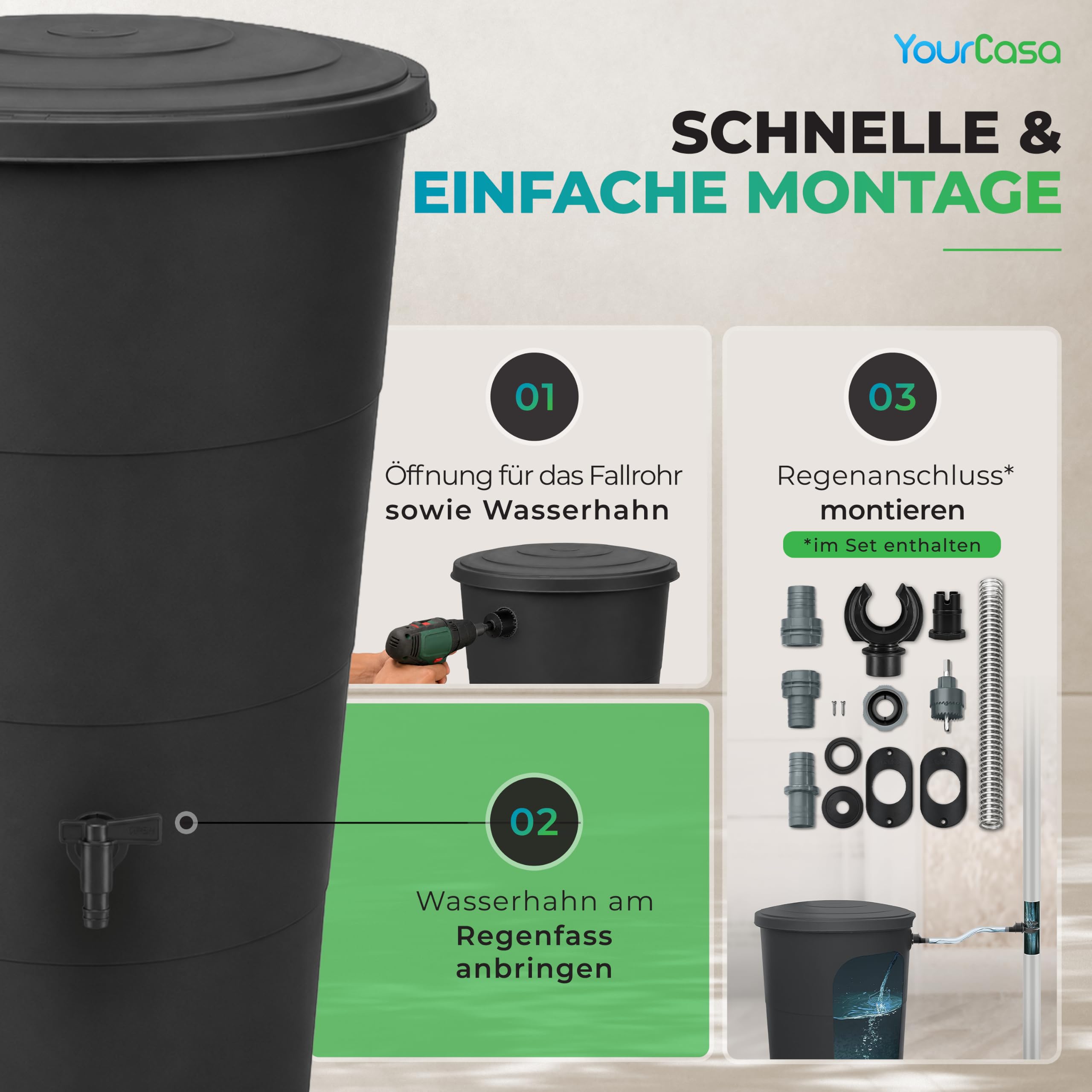 YourCasa Regentonne 200 Liter [inkl. Anschlusset & Bohrer] Regenfass Wetterfest aus Kunststoff mit Wasserhahn - Regenwassertonne - Wasserfass Regenwassertank Wassertonne für Garten (Anthrazit, 200L)