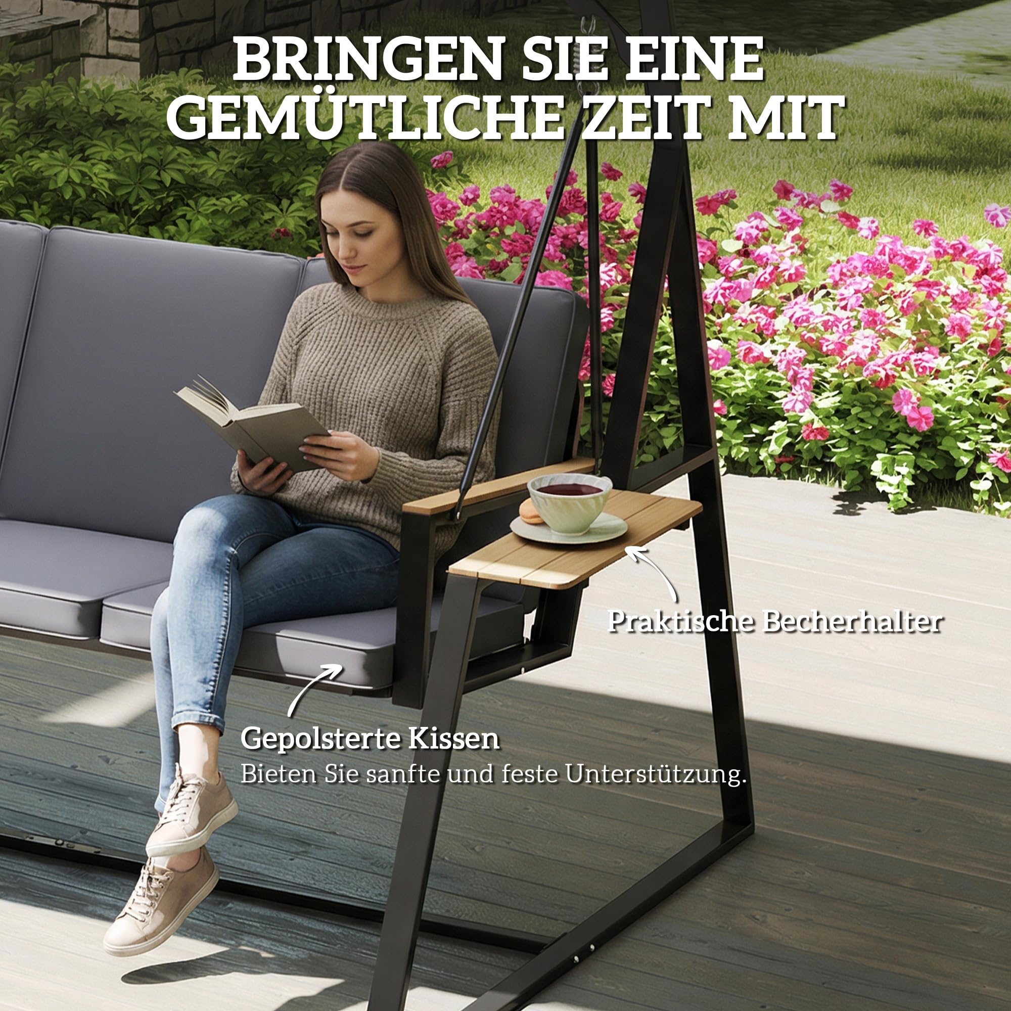 Outsunny 3-Sitzer Hollywoodschaukel mit Verstellbarem Dach 360 kg Grau | Gartenschaukel, Kissen, Getränkeablagen, Stahlrahmen, für Terrasse, Veranda
