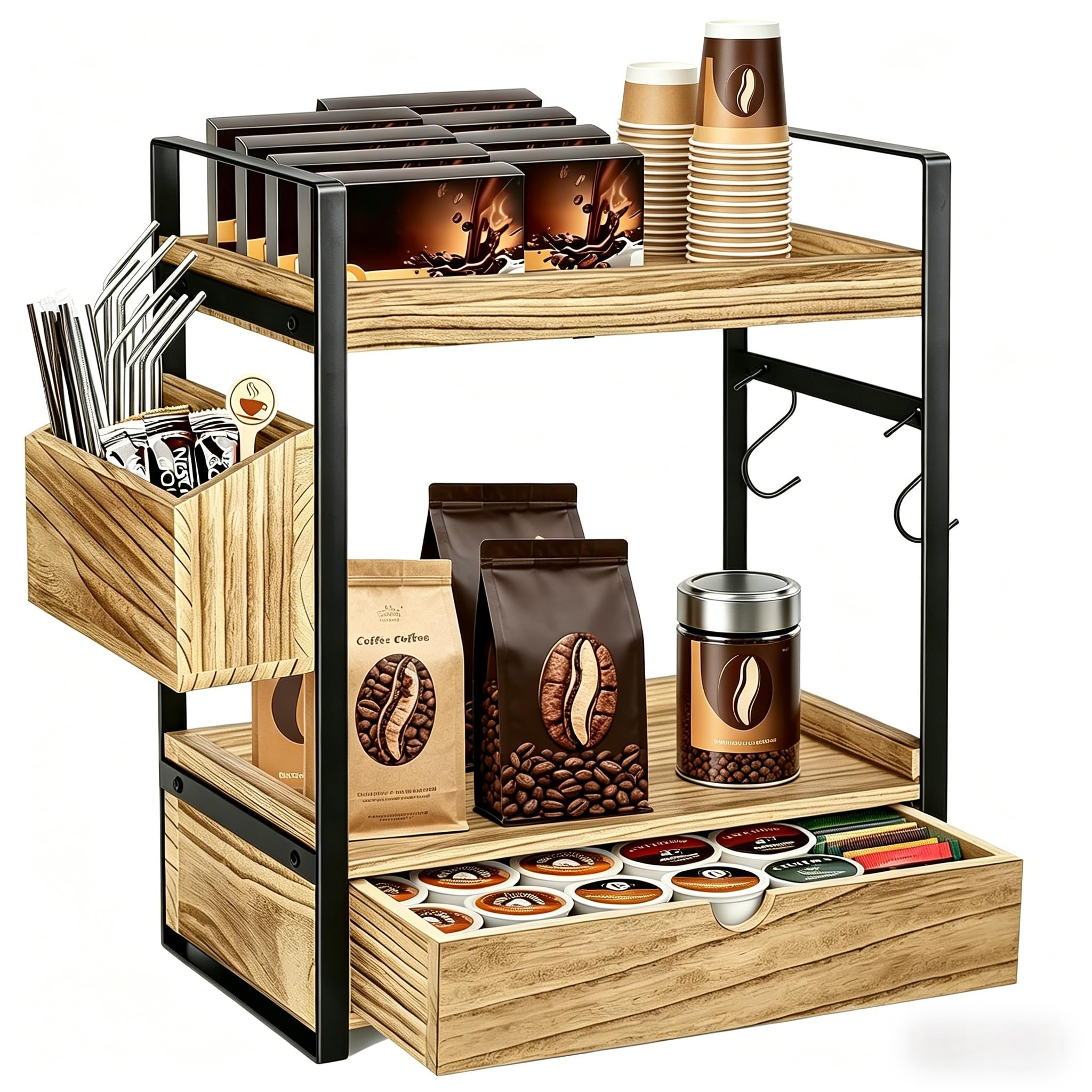 Organizador de estación de café, organizador de barra de café de 3 niveles con cajón de cesta y ganchos para tazas, accesorios de barra de café de madera, organizador de estante de almacenamiento para