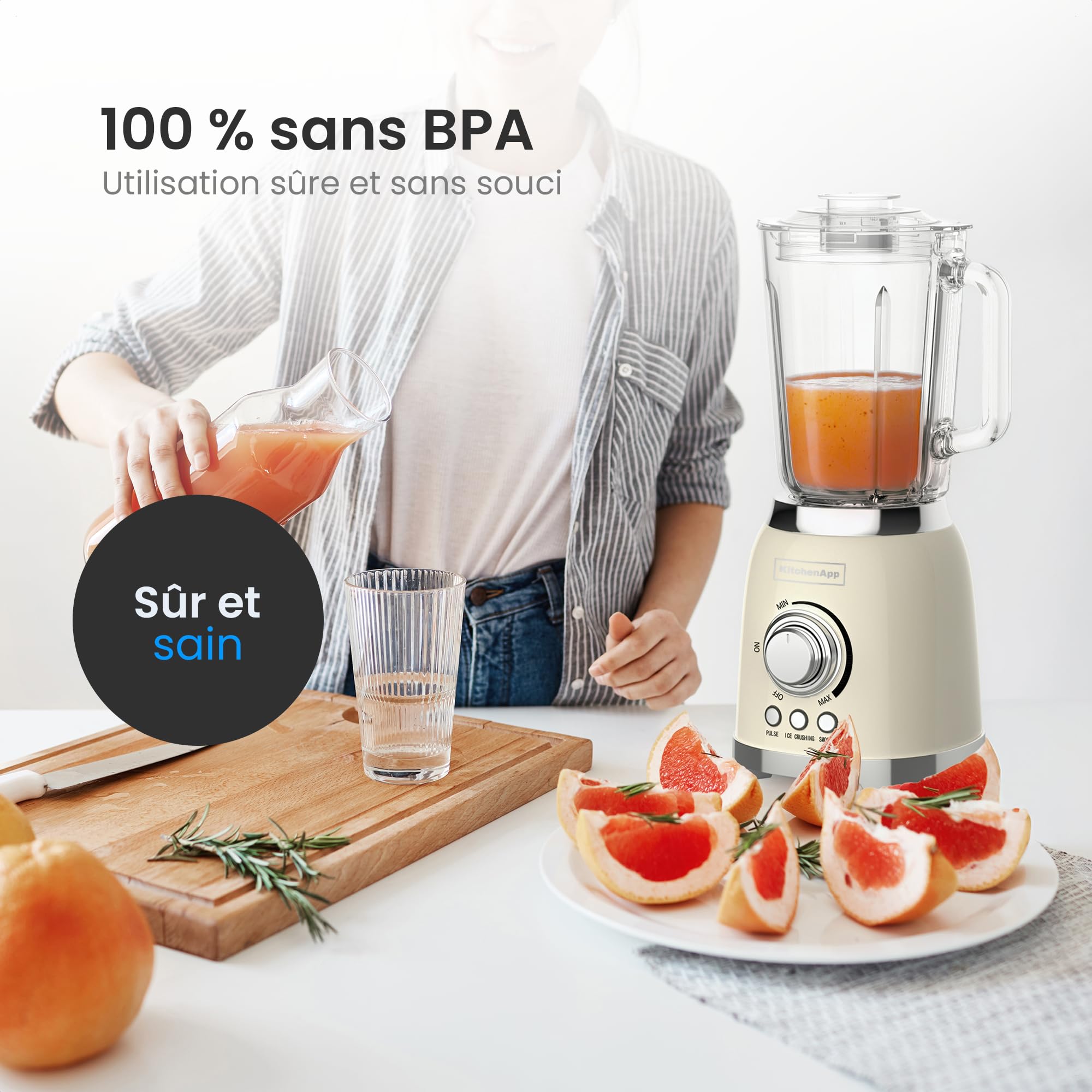 Blender Rétro 1,5L en Verre – Mixeur 800W avec Ice Crush, Smoothie & Pulse – Beige