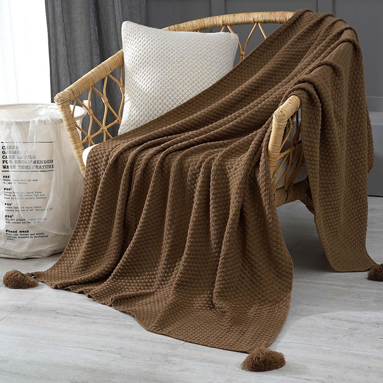 Coperta in maglia a nido d'ape, sciarpa da letto in acrilico, da viaggio, morbida maglia per tutto l'anno, 130 x 230 cm, con nappe decorative con pompon, 8 tonalità di terra solida per