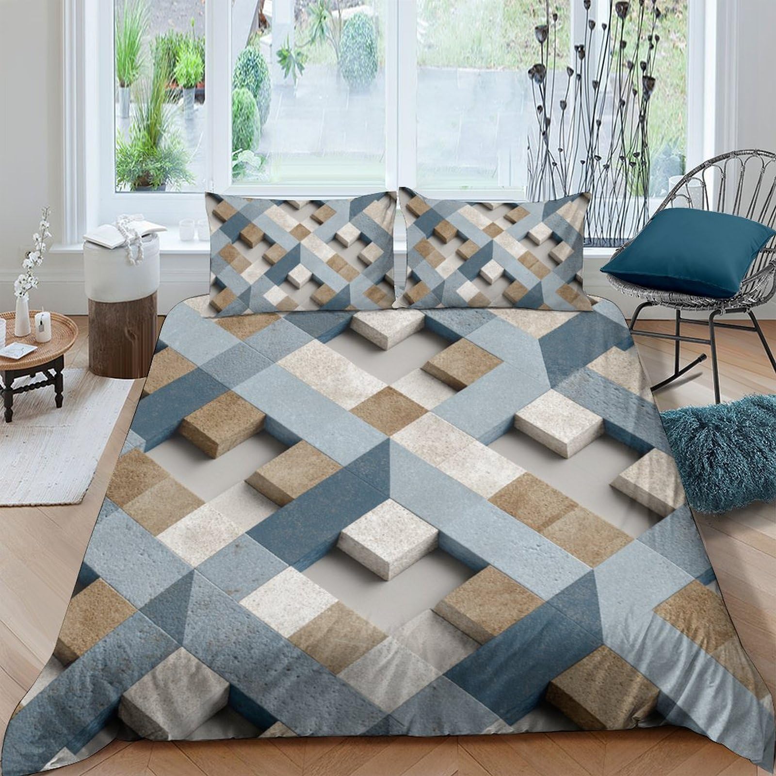 Ctjqhvkz Style-7 3D Printed Geometric Mosaic Fitted Sheet Microfiber Soft Breathable Cube Pattern Mattress Cover For Bedroom Dorm Single（135X200cm）