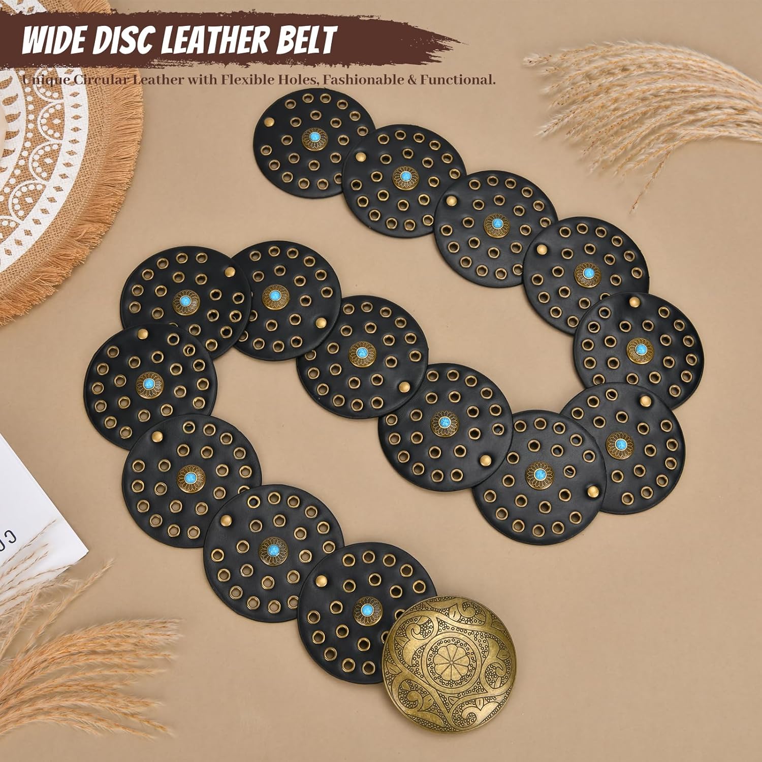 Western Leather Belts for Woman Boho Cowgirl Wide Disc Belt for Women Concho Cowboy Waist Belts for Dress - Image 2