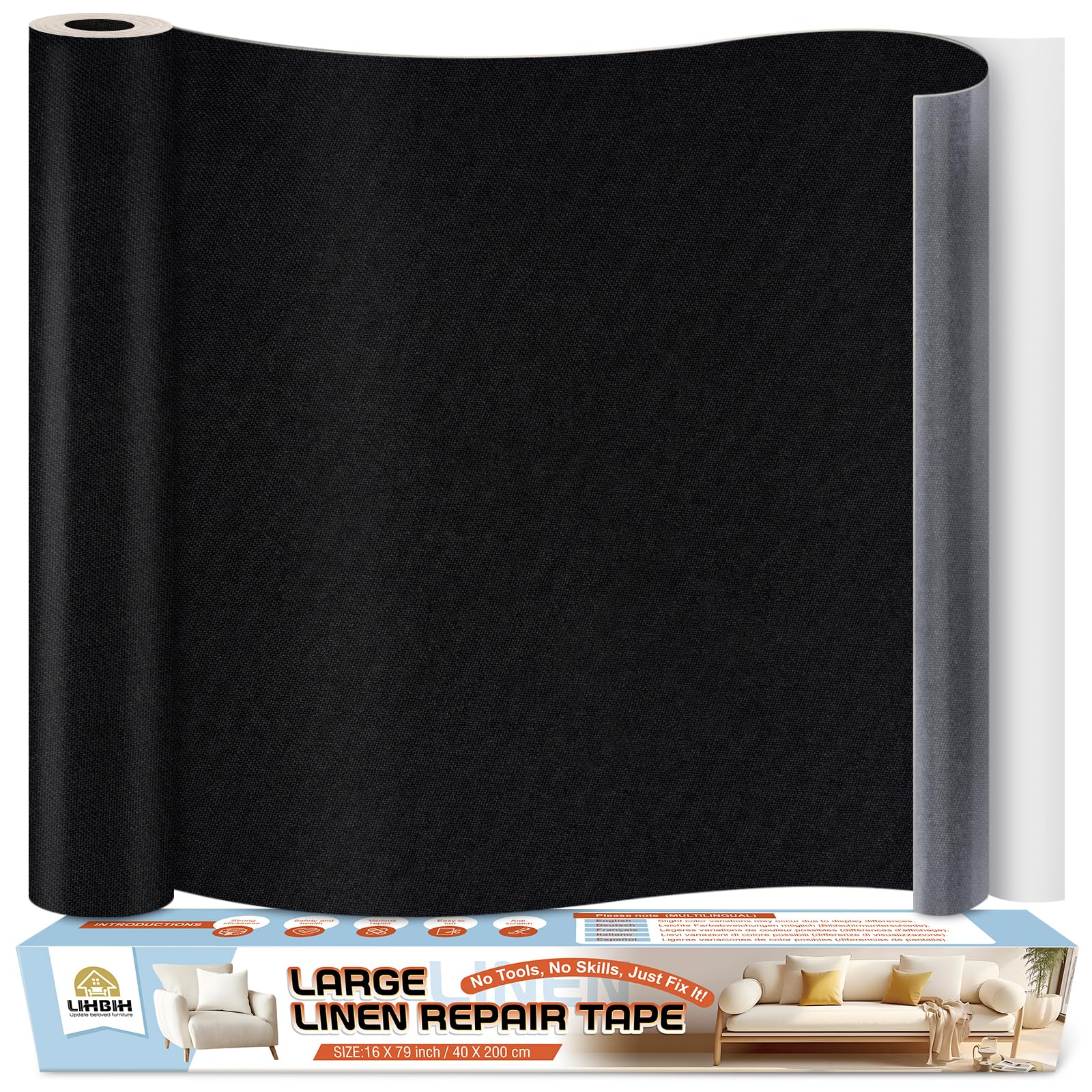 Tela Adhesiva para Tapizar Autoadhesivo 40x200 cm, parches para tela adhesiva Negro, Kit de Reparación de Parche de Lino para Sofa, Muebles, Sillas, Cortina, Cojines, Cabeceros