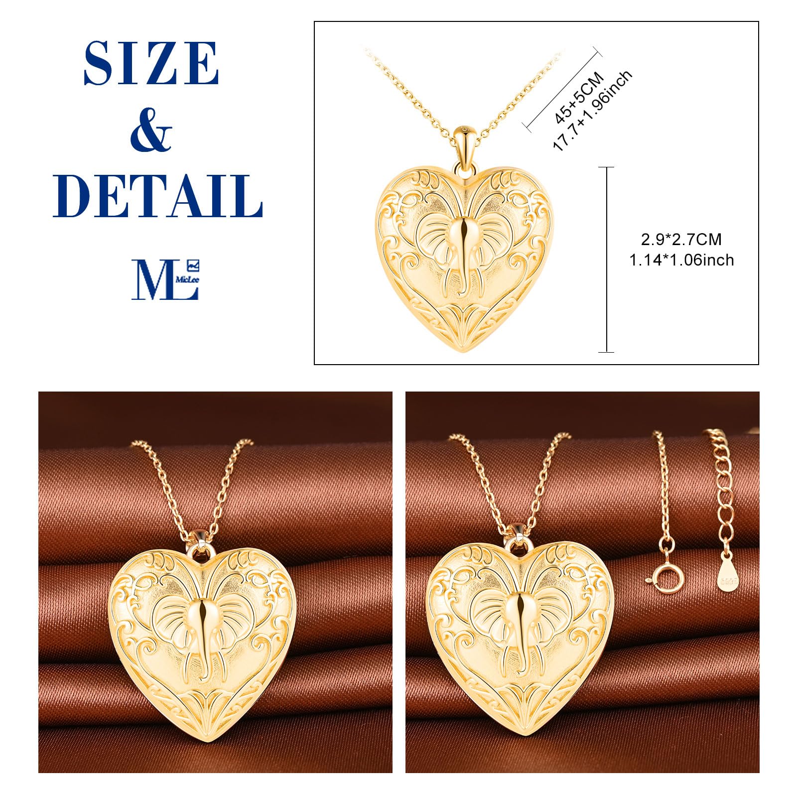 MicLee Collar Foto Corazón Medallones de Plata 925 para Mujer Collares Colgantes Photo Openable Moda Colgante Corazón de Elefante Collar Souvenir