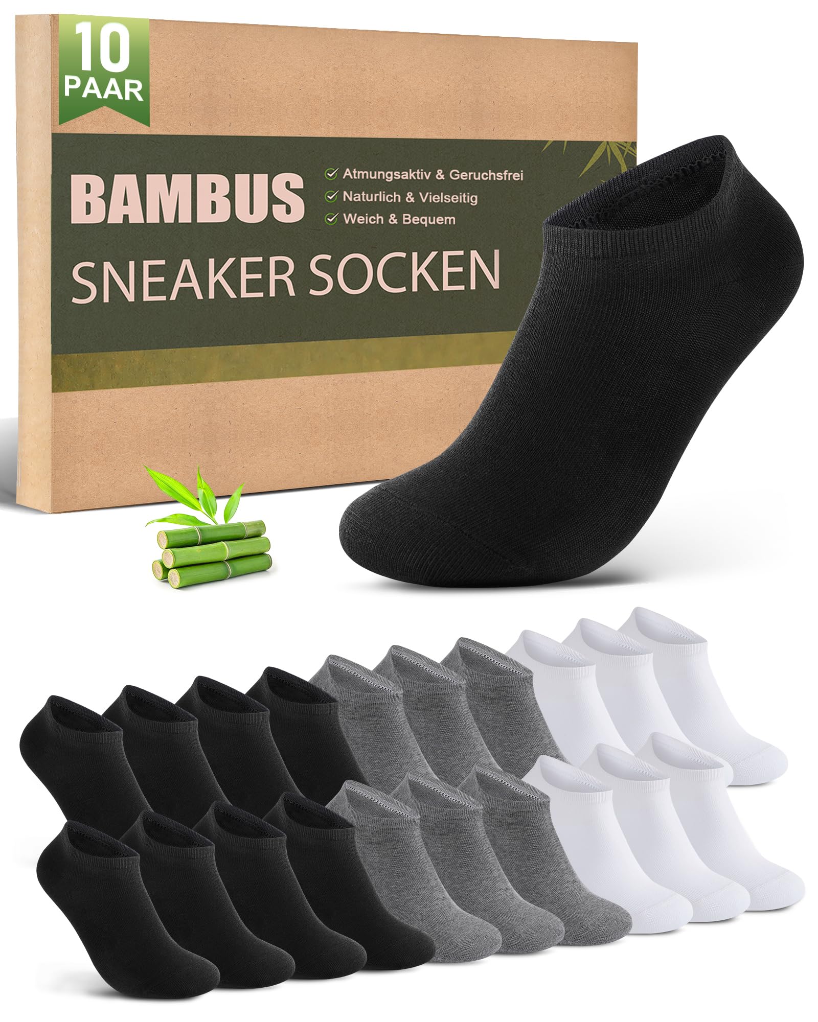 Effeet Bambus Sneaker Socken Herren Damen 10 Paar – Atmungsaktive Anti-Geruch Kurze Socken, Antibakterielle Sommer Sneakersocken Sportsocken Halbsocken Bambussocken, Schwarz Weiß Grau 35-38