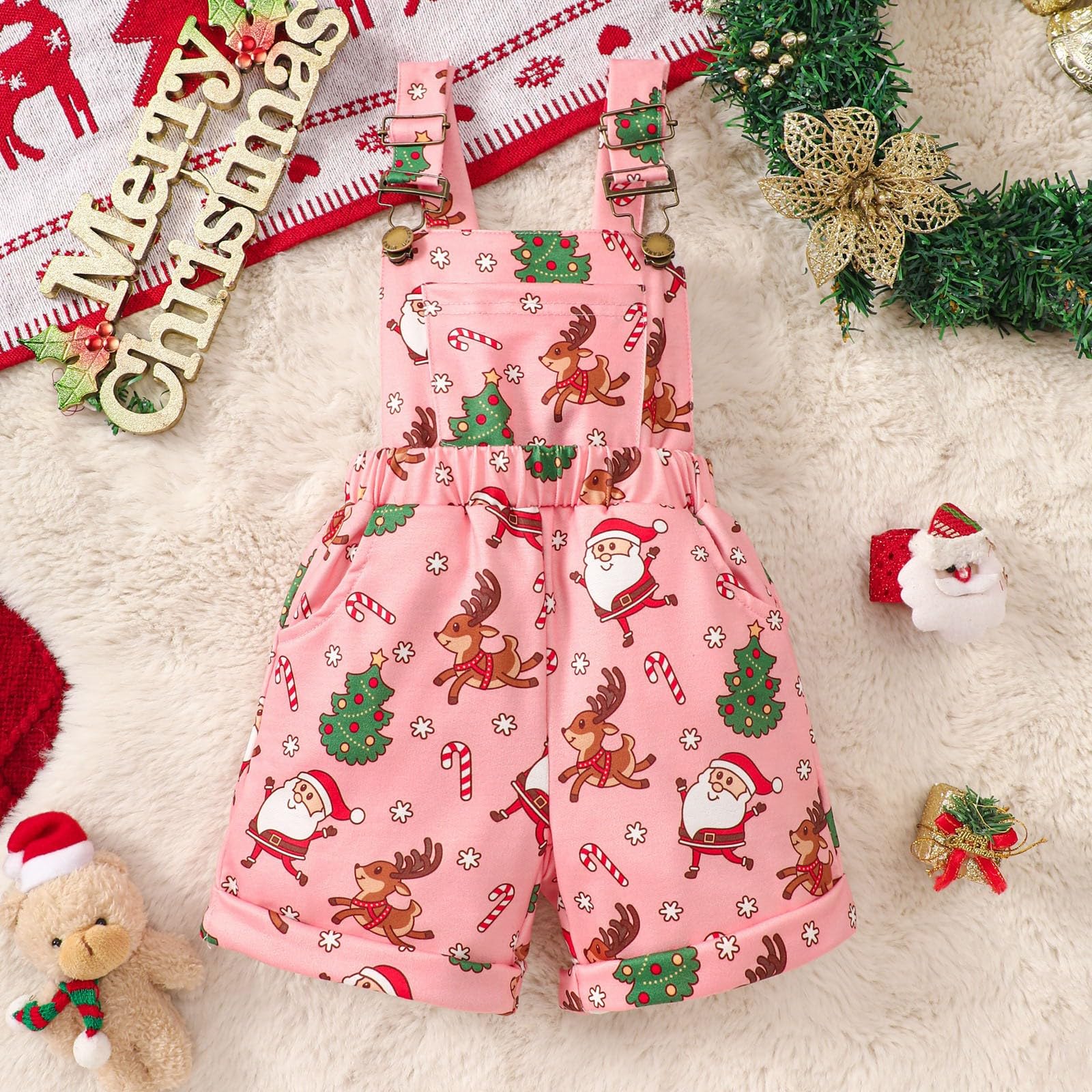 RNTOP Baby Girl Christmas Clothes Toddler Bib Overalls Santa Print Romper Suspender Shorts Jumpsuit (Pink, 6-12 Months)