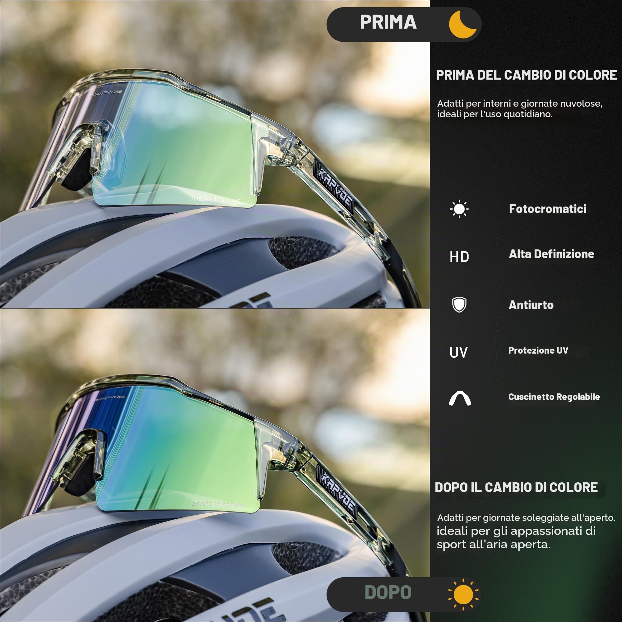 KAPVOE Occhiali da ciclismo fotocromatici UV400 uomo donna TR90 K9023 | Tecnologia fotocromatica full frame, Protezione UV400, Struttura TR90 e supporto interno integrato