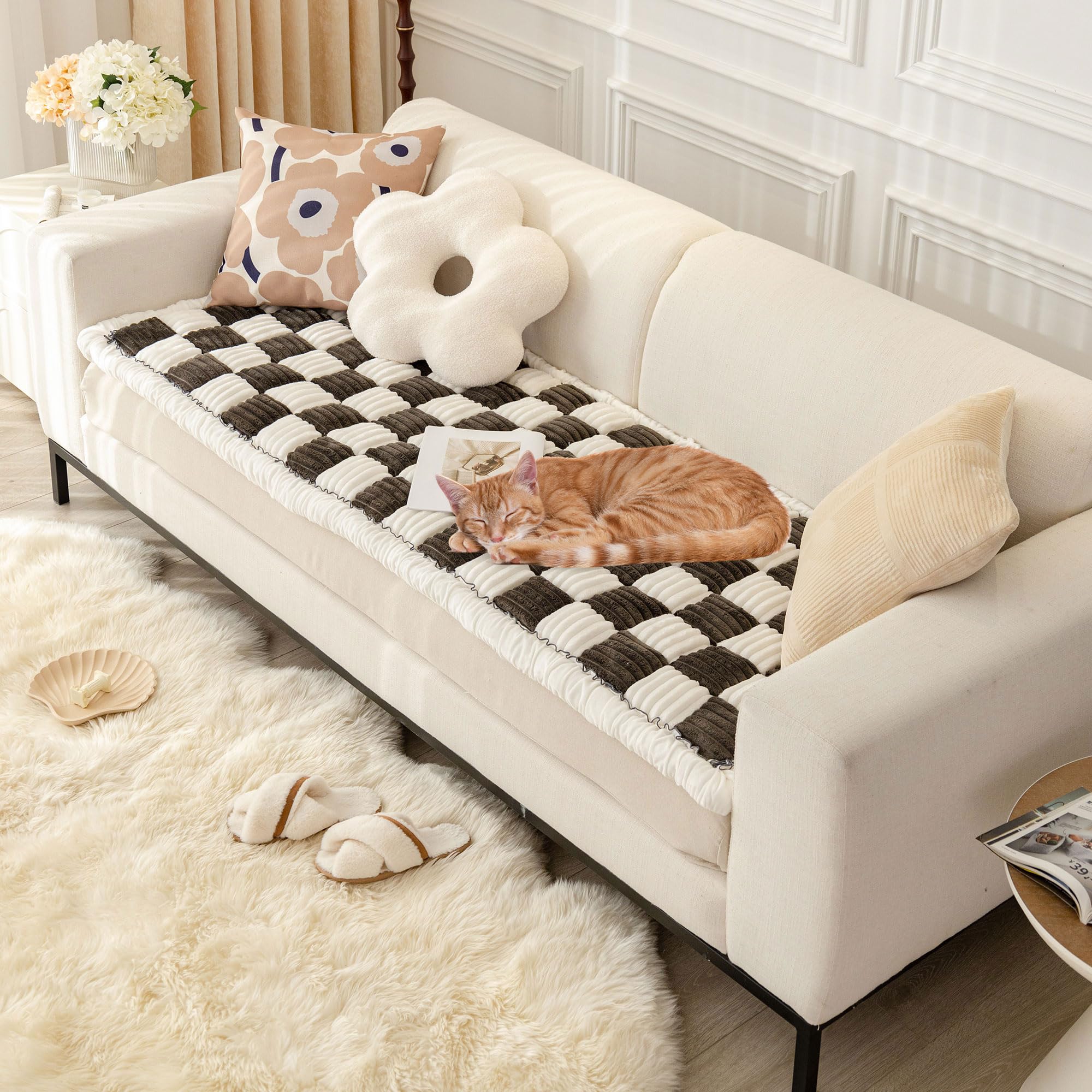 DREAMINGO Pet Couch Cover for Dogs - Checkered Washable Cream White Black Flannel Quilted Non-Slip Dog Bed for 3 Cushion Sofa, 27.6"x59.1" — image 1
