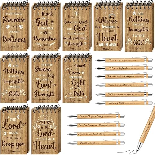 Miniatura 1 de Juego de 60 piezas de regalo cristiano con versículos de la Biblia, cuadernos y bolígrafos a granel religiosos pequeños en espiral, bolígrafos de