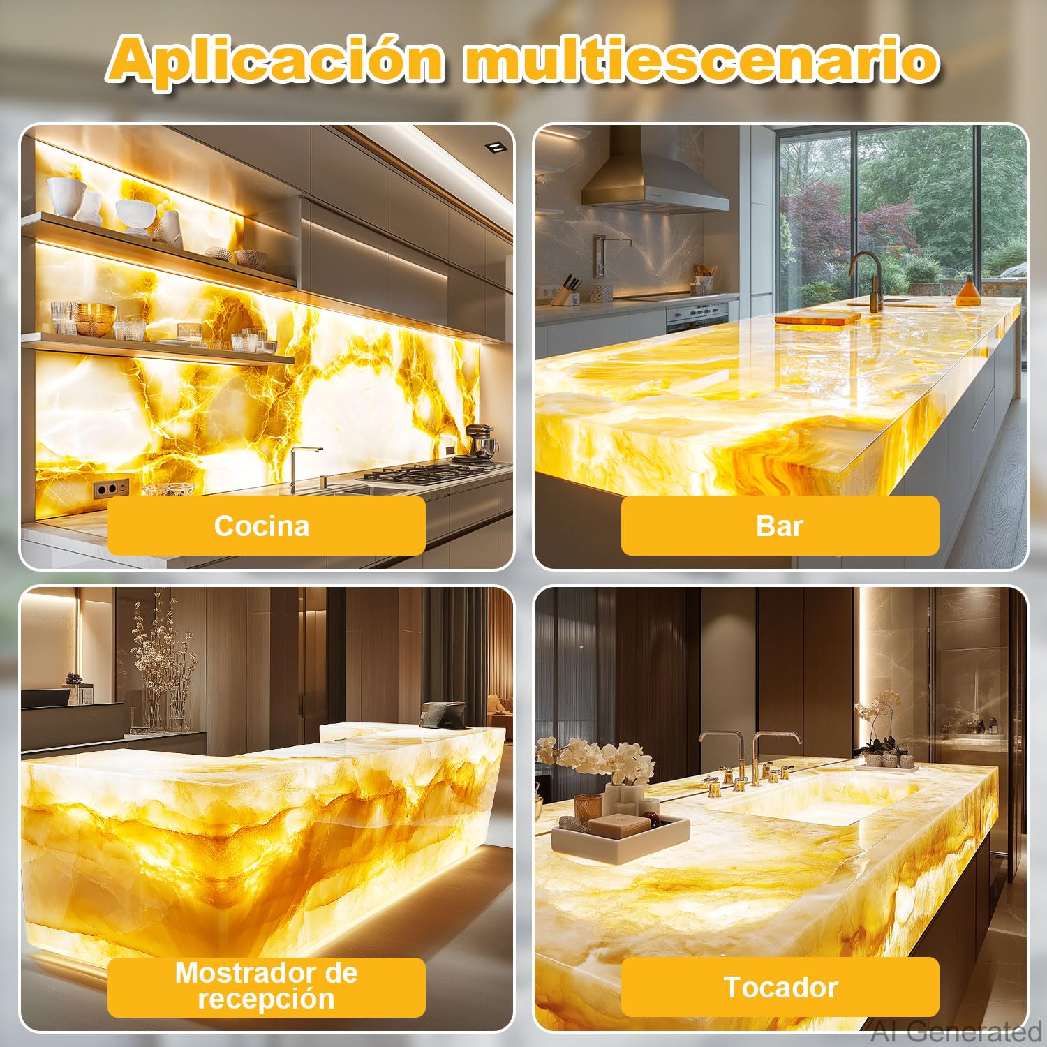 Retroiluminación LED suaves Luz cálida 3000K 24V 36W, Panel LED Regulable Compatible con Alexa, Luz Flexible con Mando y Control por APP, 50x25 cm para Mármol, Ónix y Encimeras de Cuarzo (4 Pack)