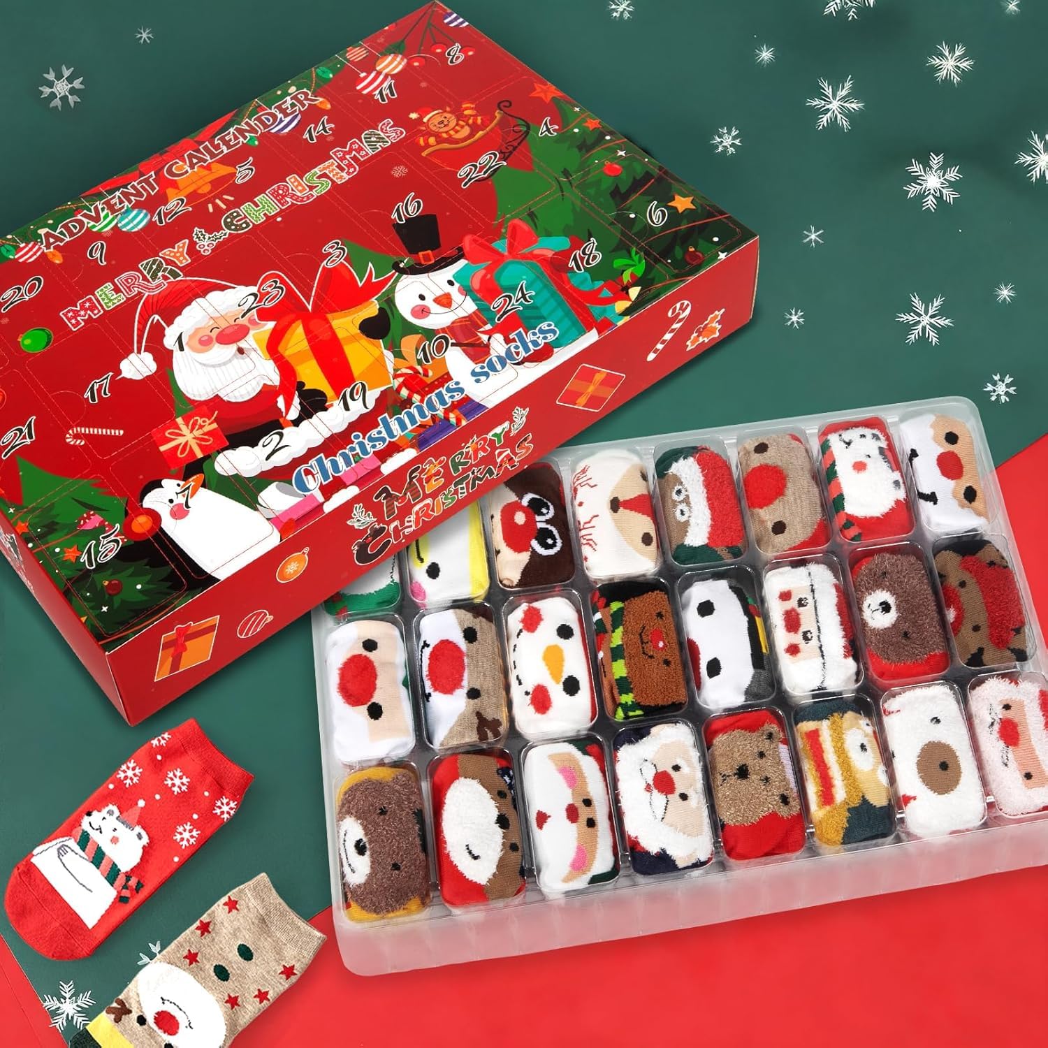 24 Paires Chaussettes De Noël, Fantaisie Chaussette de Noël, Coton Respirant Chaussettes Noel Femme Homme 36-44, pour Noël, Anniversaires et Calendrier de L'avent