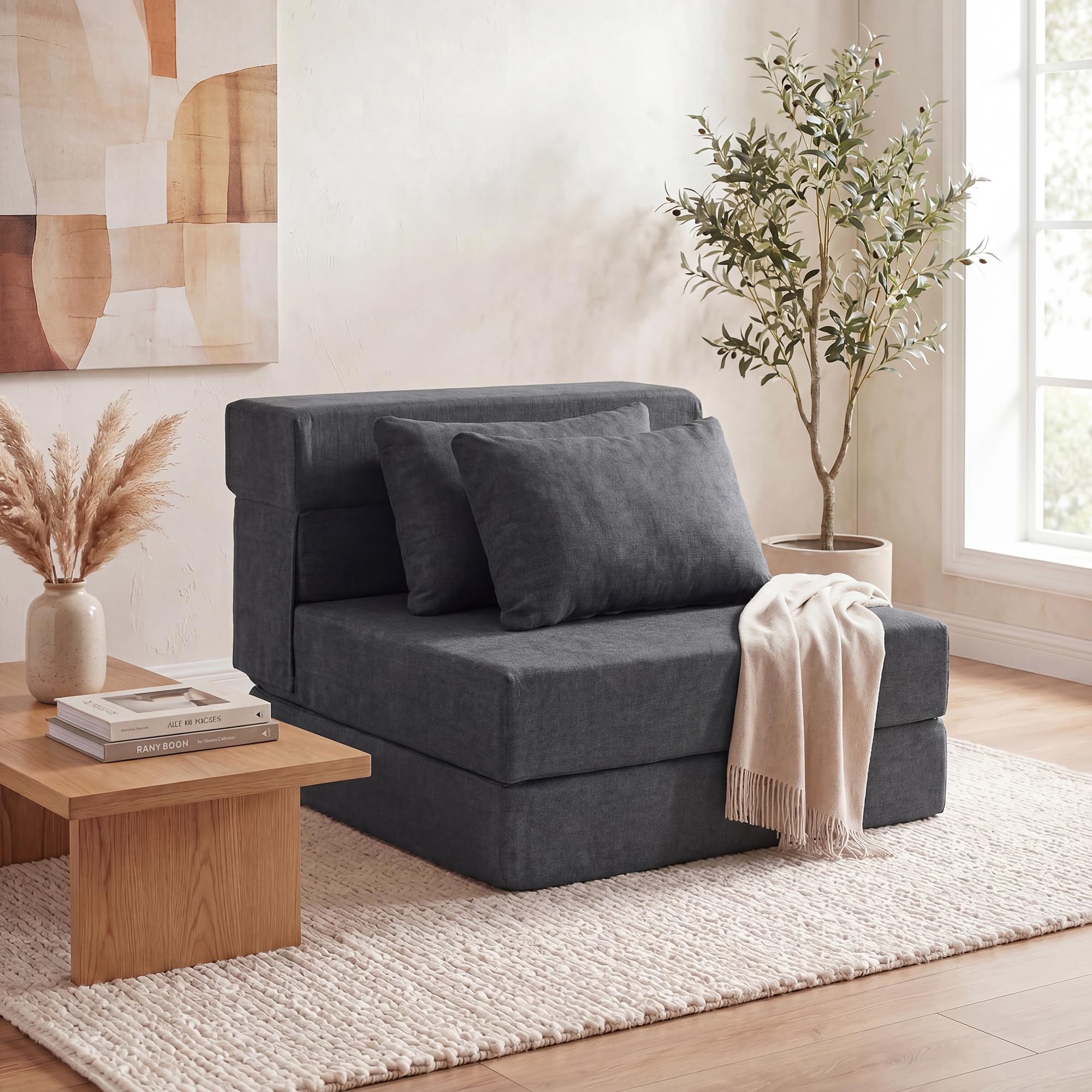 SOARS Divano Letto 2 Posti Pieghevole, 3 in 1 Divanetto Trasformabile con 2 Cuscini, Schiuma ad Alta Densità e Rivestimento in Tessuto Chenille, Poltrona Letto per Soggiorno (Grigio,72 x 76 x 58 cm)