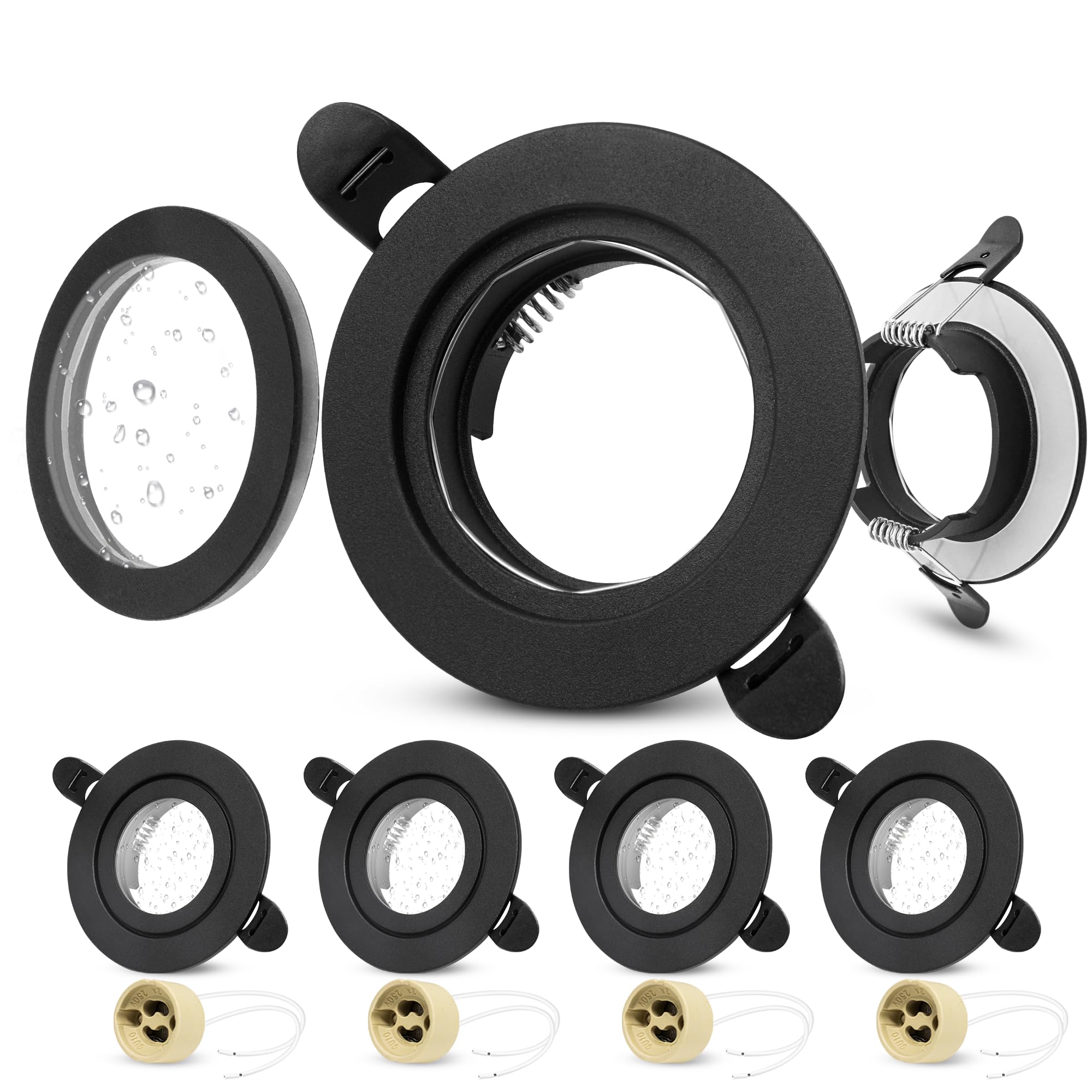 Laiebri 4er LED Einbaustrahler 230V IP65 Rahmen mit GU10 Fassung, LED Spots Badezimmer Ultra Flach 58-75mm Lochmass, Rund Aluminium GU10 Einbaurahmen Einbauleuchten Einbauspots, Deckenspots Schwarz