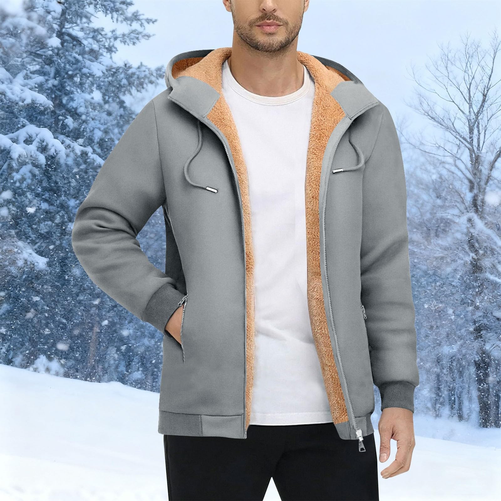 Herren Teddy Fleece Jacke mit Kapuze, Gefütterte Sweatjacke Reißverschluss