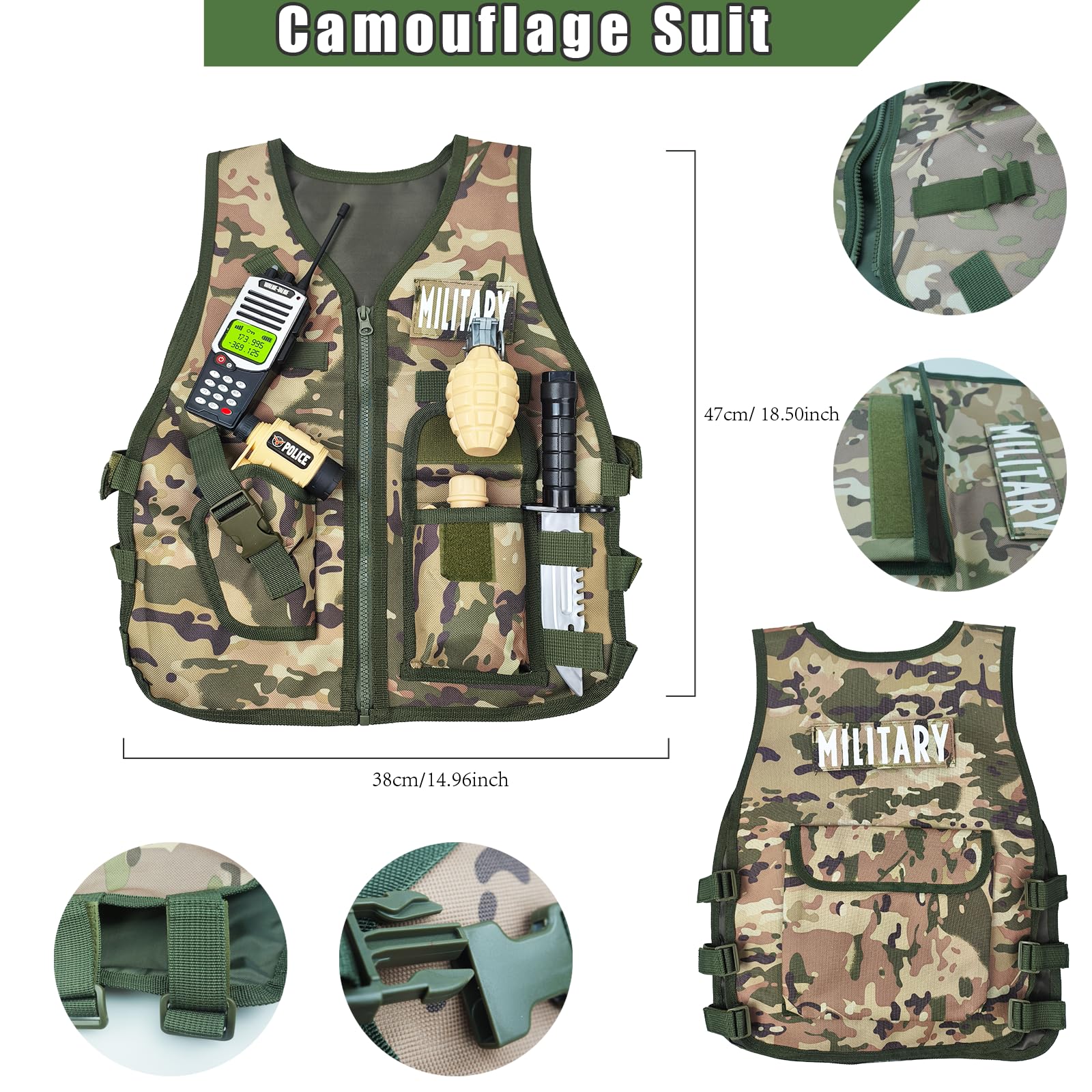 RedCrab Costume Soldato Camouflage 13 Pezzi - Vest Militare, Casco, Vestito per Bambino - Cosplay Halloween Carnevale - 3-10 Anni