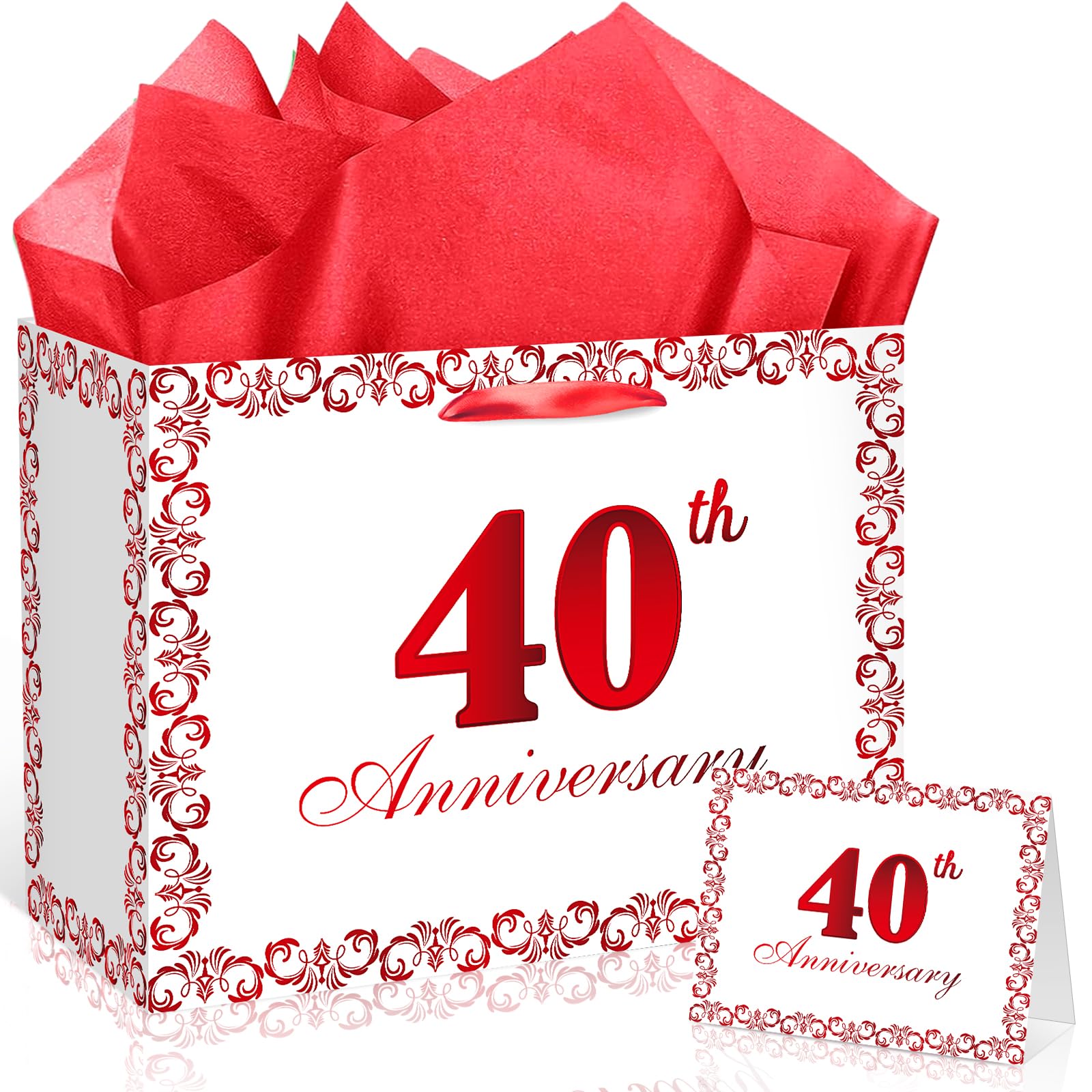 1PC Red White 40th Anniversary Party Gift Bag with Tissue Papers and Card, 11.8'' 40th Wedding Anniversary Paper Gift Wrapping Bag for Women Men 40 Years Wedding Party Decor Supplies