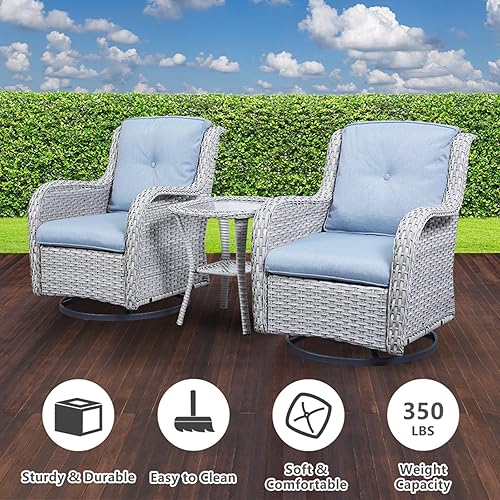 Miniatura 7 de Belord Juego de 3 sillas giratorias para patio al aire libre, sillas giratorias de patio con respaldo alto, juego de muebles de mimbre, 2 mecedoras