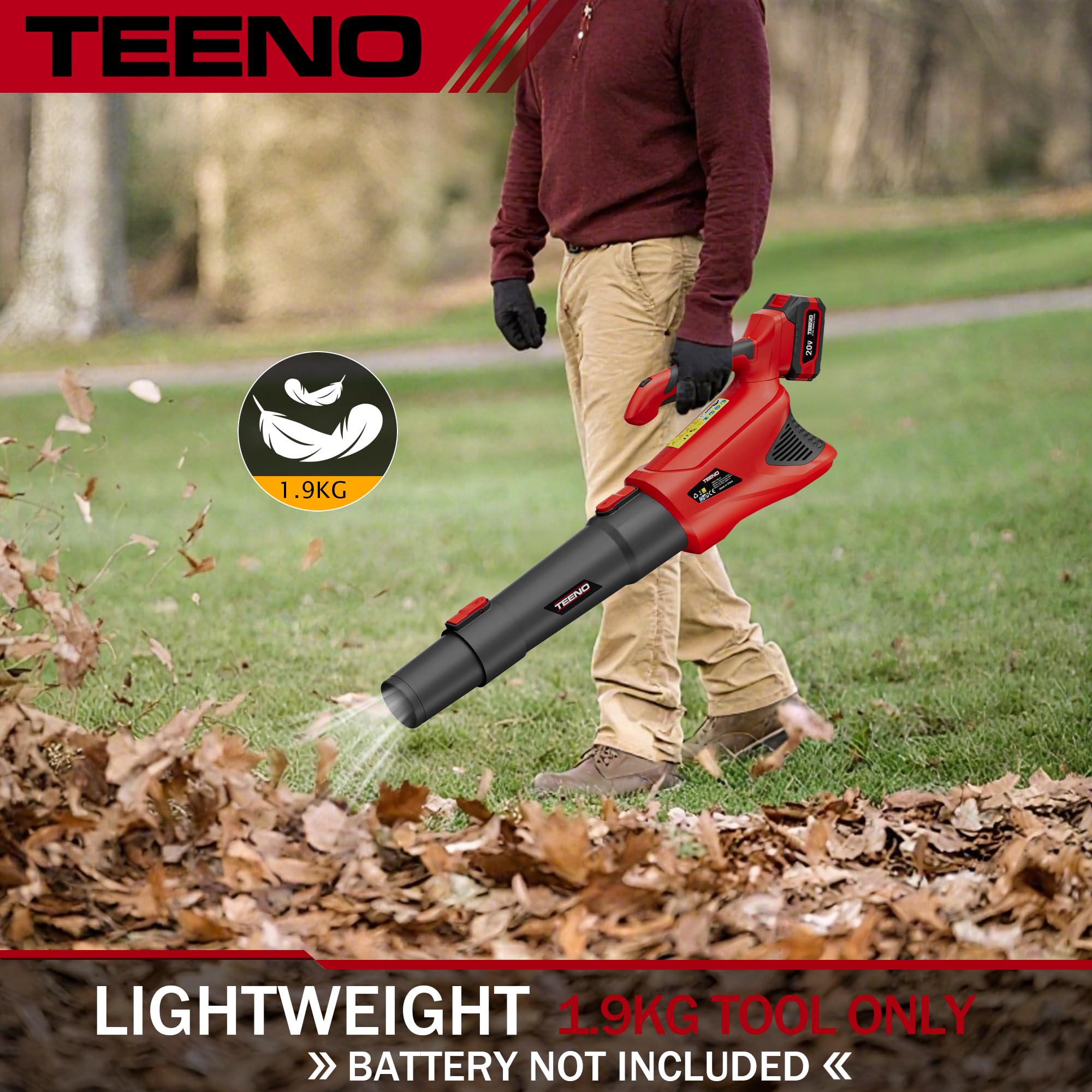 TEENO Souffleur de Feuilles sans Fil 20V, 4,0Ah souffleur à Feuilles avec Batterie, 5 Modes de Vitesse pour l'entretien de la pelouse, 4500W, Le soufflage de la Neige, et Le dépoussiérage