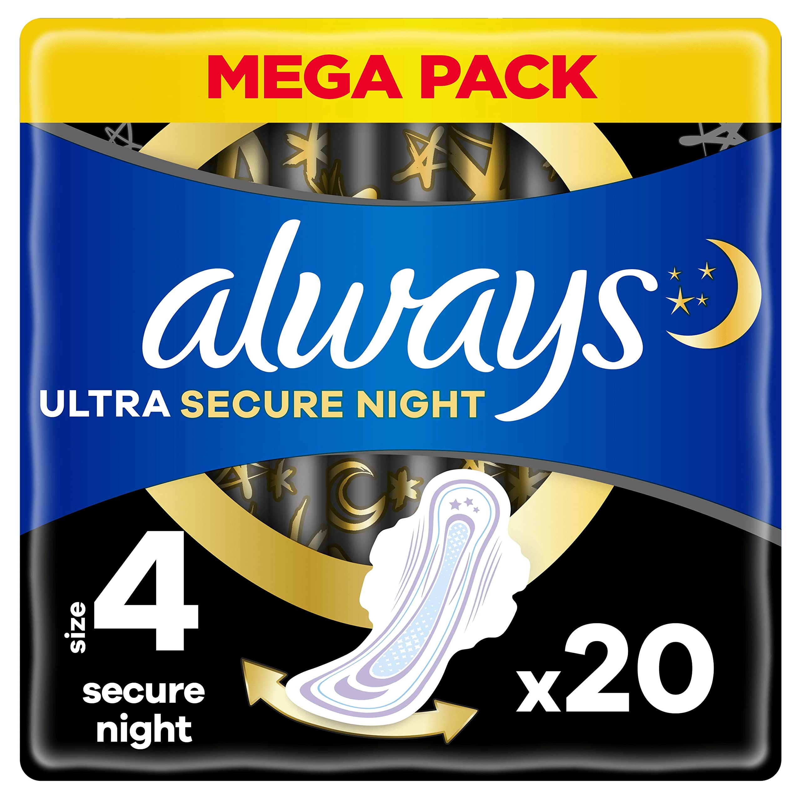 Always Ultra Sanitary Towels Secure Night (Size 4) with Wings 20 Pads, Super Absorbent and Ultra Thin, for Menstrual Periods