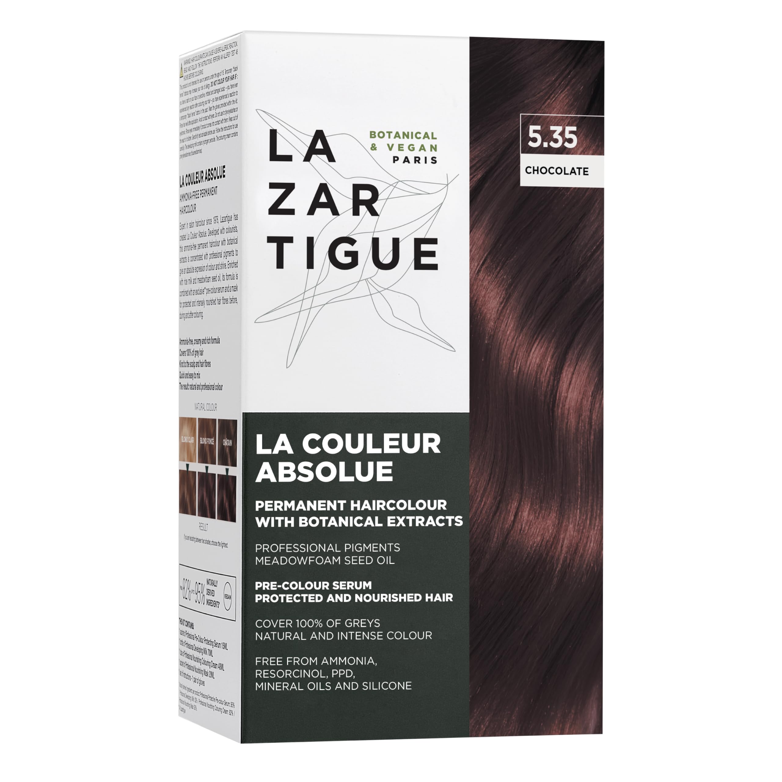 LAZARTIGUE LA COULEUR ABSOLUE - 5.35 Chocolate Brown Permanent Haircolour, Ammonia-Free Vegan Formula with Botanical Extracts, 100% Grey Coverage, Hair Dye Kit for Home Use in 1 box